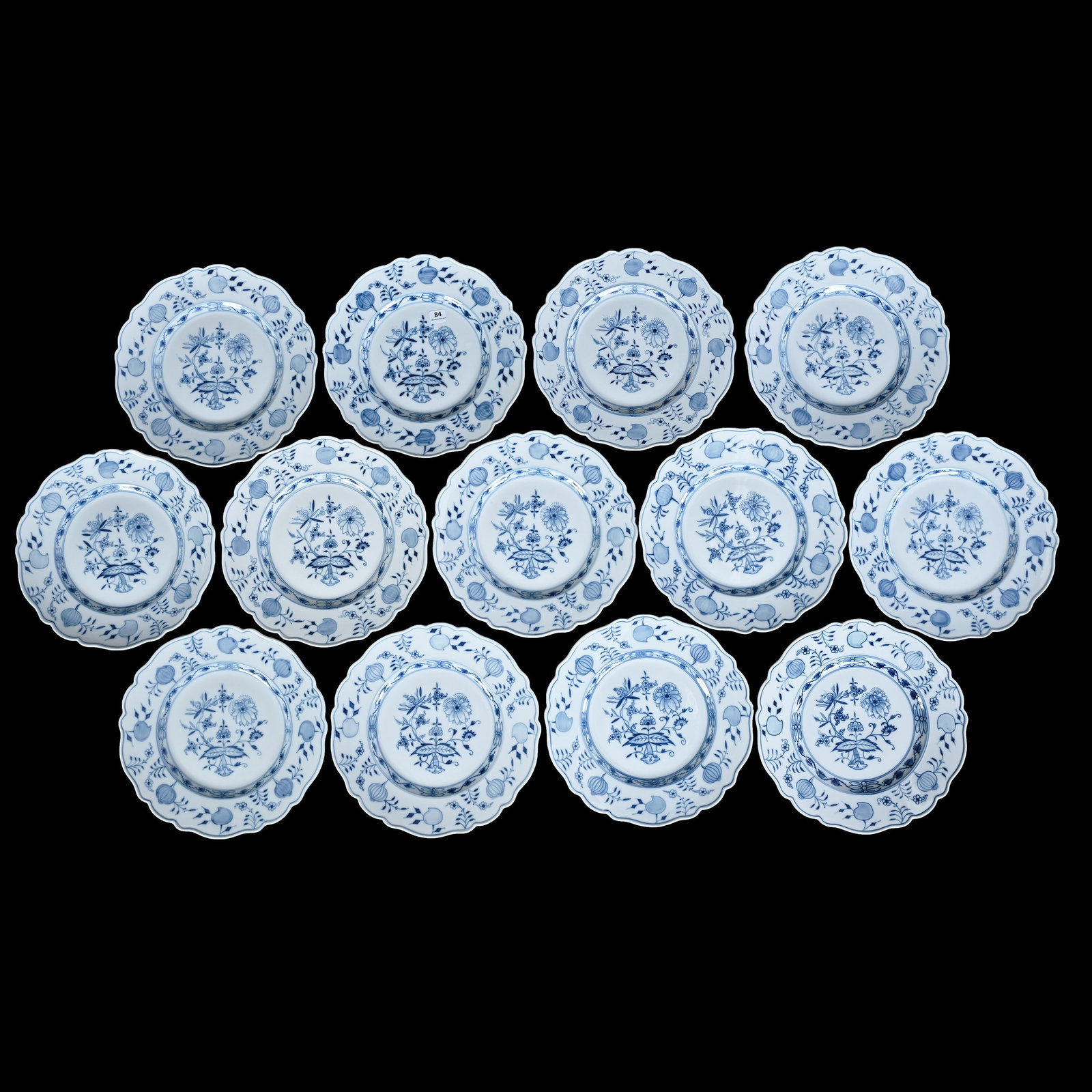 (13) Plates, Marked Meissen (Blue Crossed Swords Mark): (13) Plates, Marked Meissen (Blue Crossed Swords Mark), 11 x 11 x 1.25 Inches, Blue Onion Pattern, Most Have Sword Mark With (3) Slash Marks, 17.3 Pounds, Cliff And Myra Bilbo Collection, TN,