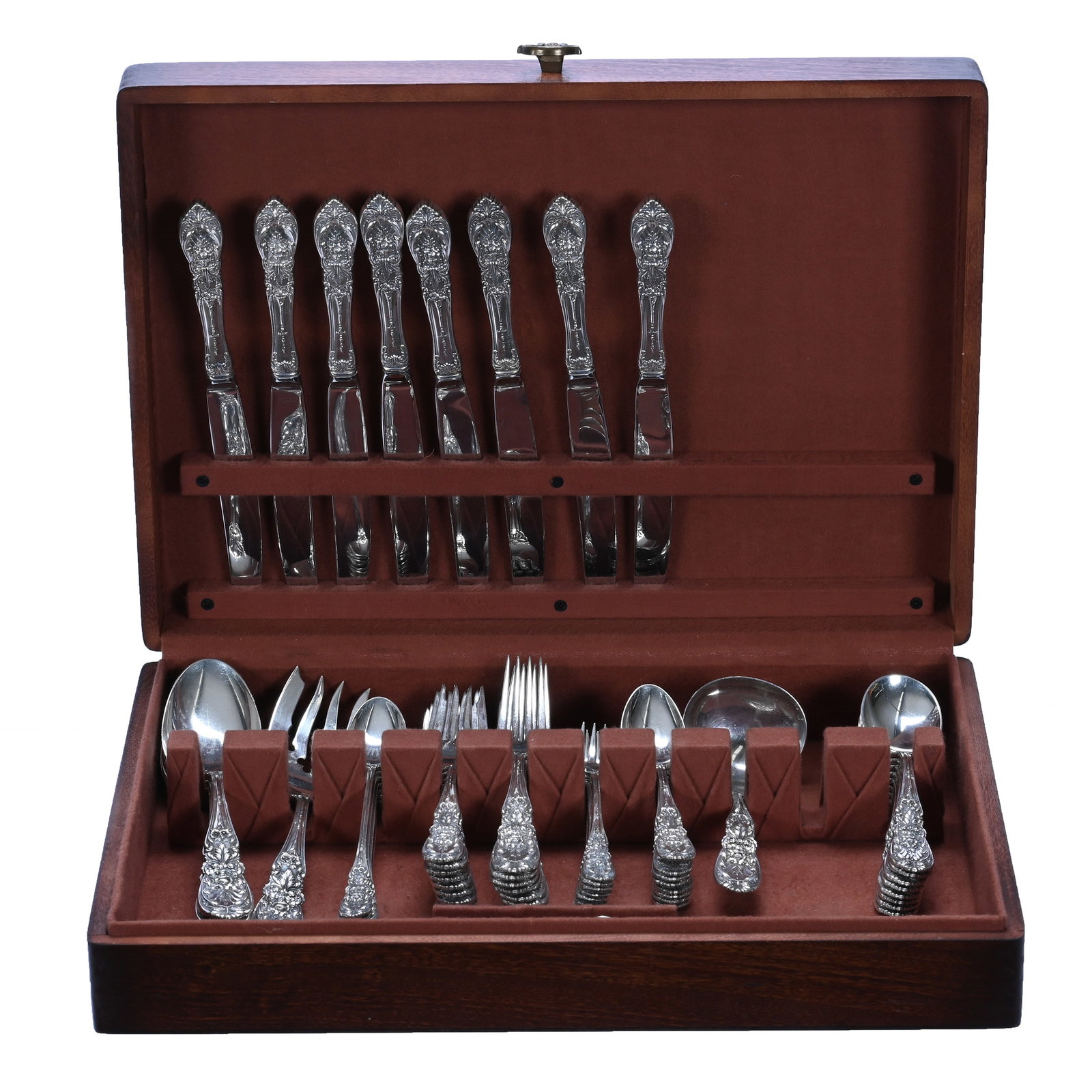 (66) Piece Sterling Silver Flatware Set, Richelieu Pattern By International: (66) Piece Sterling Silver Flatware Set, Richelieu Pattern By International, 16 x 11.5 x 3.5 Inches, Incredible Repousse Work Introduced In 1935, Set Includes (4) 8.5" Table Spoons, (8) Table Knives W