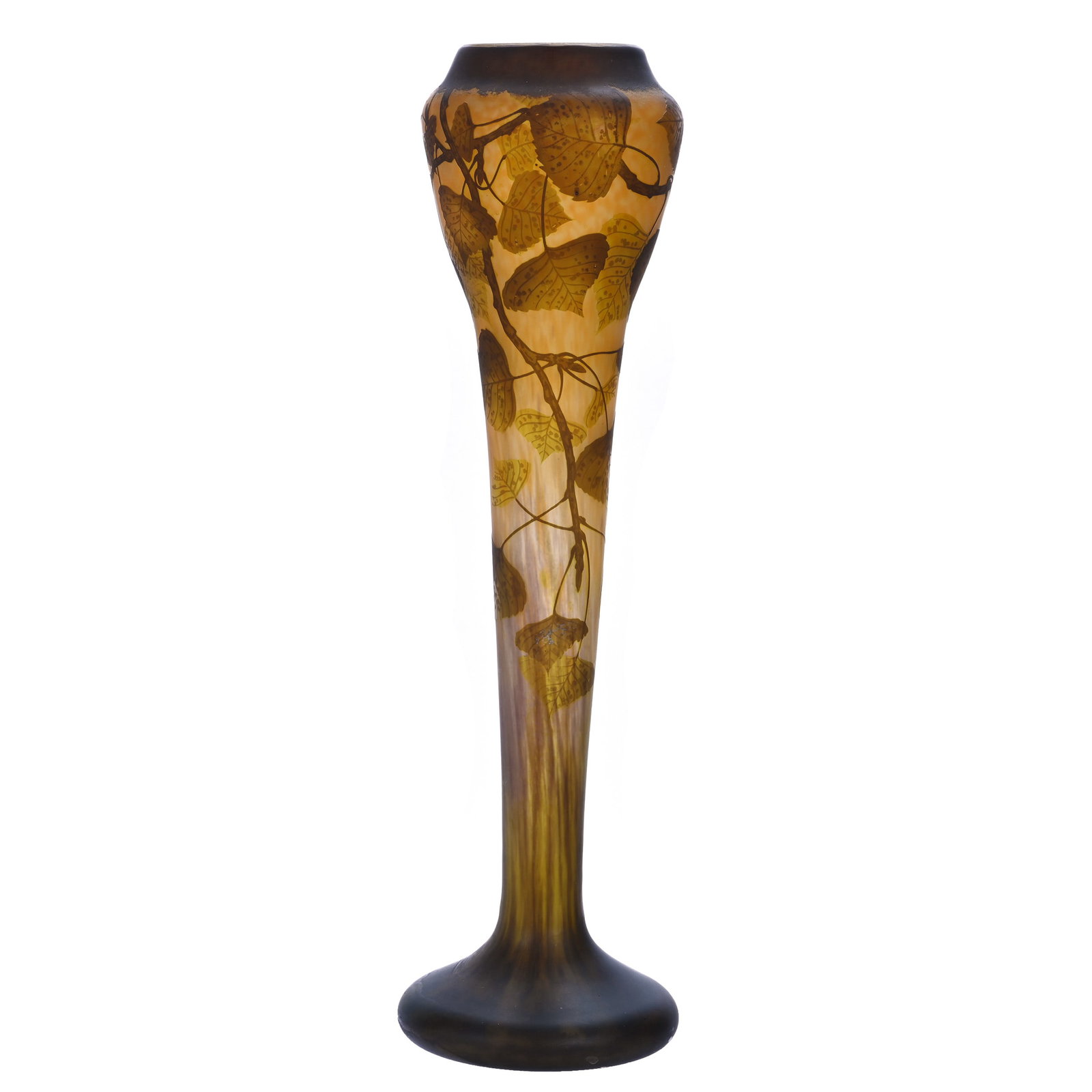 Vase, Signed Daum Nancy French Cameo Art Glass: Vase, Signed Daum Nancy French Cameo Art Glass, 24 x 6.75 x 6.75 Inches, White, Yellow, And Green Mottled Ground With Green Cutback Poplar Branch Overlay. Woody Auction Cannot Ship This Item, It Must 