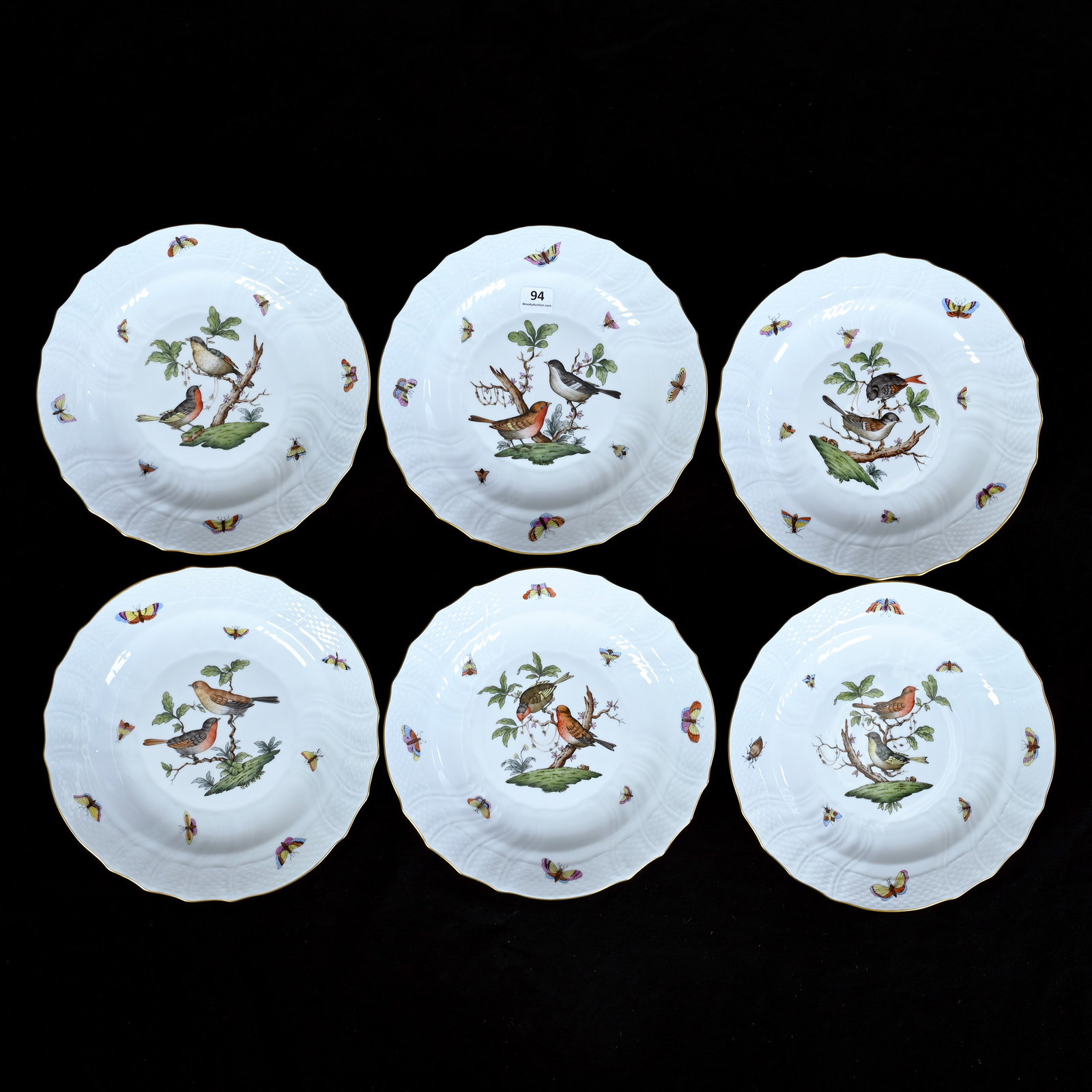 (6) Plates, Marked Herend, Rothschild Bird Pattern: (6) Plates, Marked Herend, Rothschild Bird Pattern, 9 x 9 x 1.125 Inches, Hand Painted, 4.3 Pounds, Cliff And Myra Bilbo Collection, TN, Effective 6/6/26 - All LiveAuctioneers Invoices Must Be Paid Us