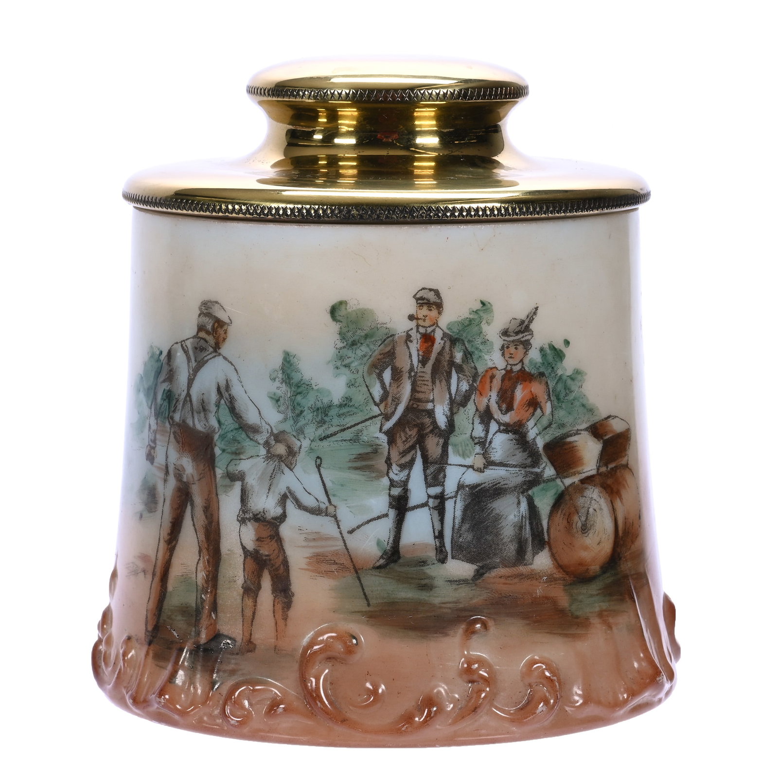 Humidor, Wave Crest Stamp Mark: Humidor, Wave Crest Stamp Mark, 5.25 x 5 x 5 Inches, Cream And Brown Tones With Comical Scene Of Adult Returning Errant Child To Parents, Fitted Brass Lid, Mark Is Faint, 1.6 Pounds, John And Doris Ca