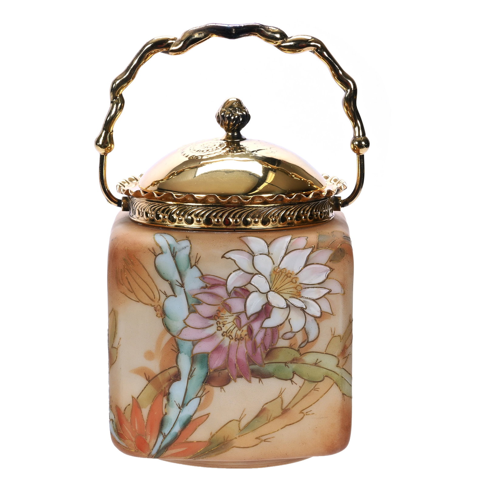 Square Biscuit Jar, Marked Crown Milano: Square Biscuit Jar, Marked Crown Milano, 7.5 x 5 x 5 Inches, Cream And Brown Tones With Colorful Floral Decor, Gilt Metal Lid And Bail, Nice Quality, 2.4 Pounds, John And Doris Carty Estate Collection