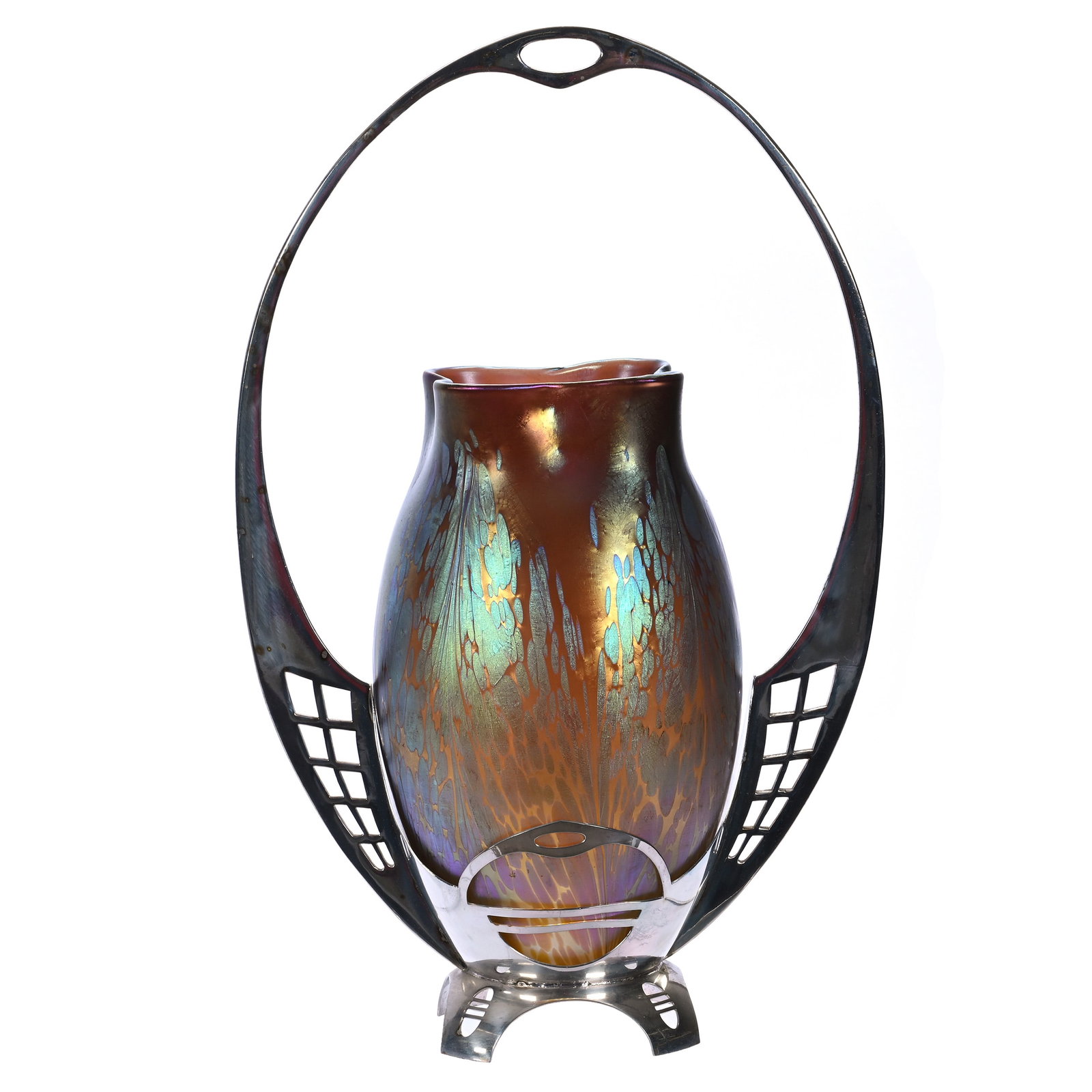 Vase , Unmarked Loetz Art Glass, Medici Pattern, Set In A Flower Holder Frame (1 of 4)
