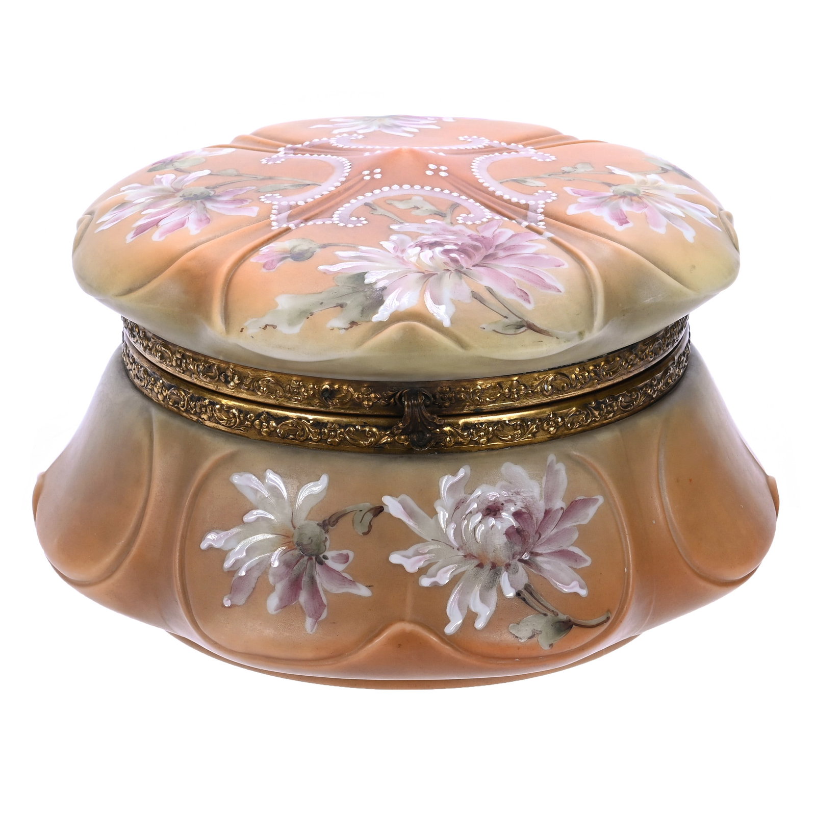 Dresser Box, Marked Nakara, Crown Mold: Dresser Box, Marked Nakara, Crown Mold, 8 x 8 x 5.25 Inches, Orange And Yellow Tones With Pink Floral Decor And White Enamel Highlights, Beautiful Box, 2.7 Pounds, John And Doris Carty Estate Collecti