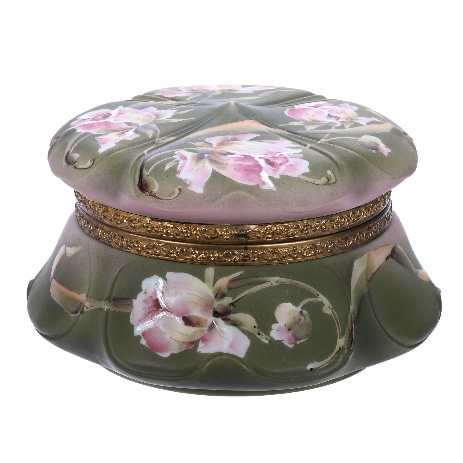 Dresser Box, Marked Nakara, Crown Mold: Dresser Box, Marked Nakara, Crown Mold, 8 x 8 x 5.25 Inches, Green And Pink Tones With Pink Rose Decor, Original Lining, Missing Clasp, 2.9 Pounds, John And Doris Carty Estate Collection, IA, Effectiv