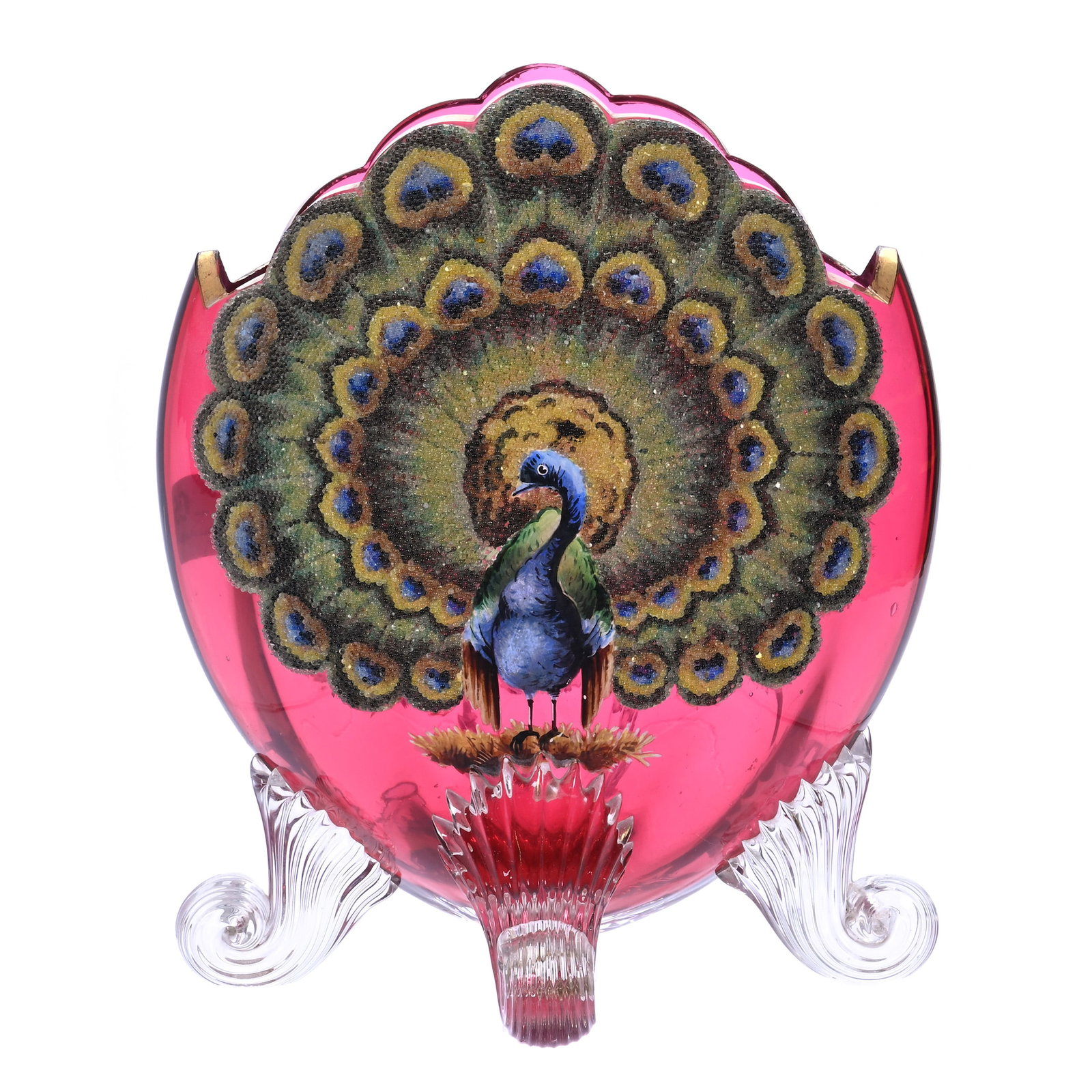 Footed Vase, Cranberry Art Glass: Footed Vase, Cranberry Art Glass, 8.25 x 6.5 x 5.75 Inches, With Incredible Enamel And Beaded Tapestry Peacock, Clear Applied Ribbed Feet, 2.6 Pounds, John And Doris Carty Estate Collection, IA, Effec
