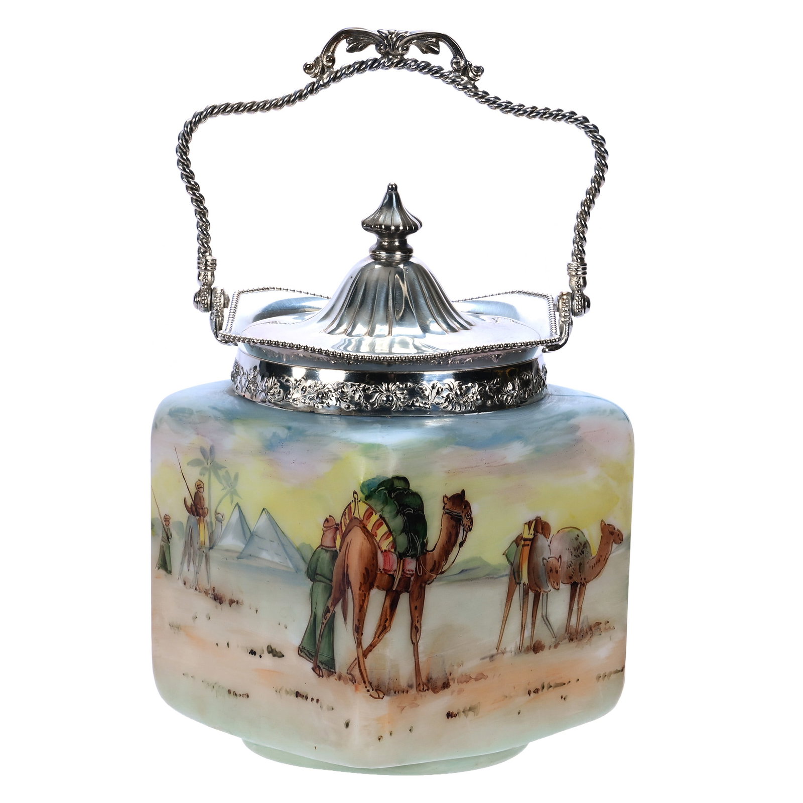 Square Biscuit Jar, Unmarked Mt. Washington Opalware: Square Biscuit Jar, Unmarked Mt. Washington Opalware, 8 x 5 x 5 Inches, Desert Oasis Scenic Decor With Camels And Pyramids, Silverplate Lid And Bail Marked Pairpoint, 2.8 Pounds, John And Doris Carty