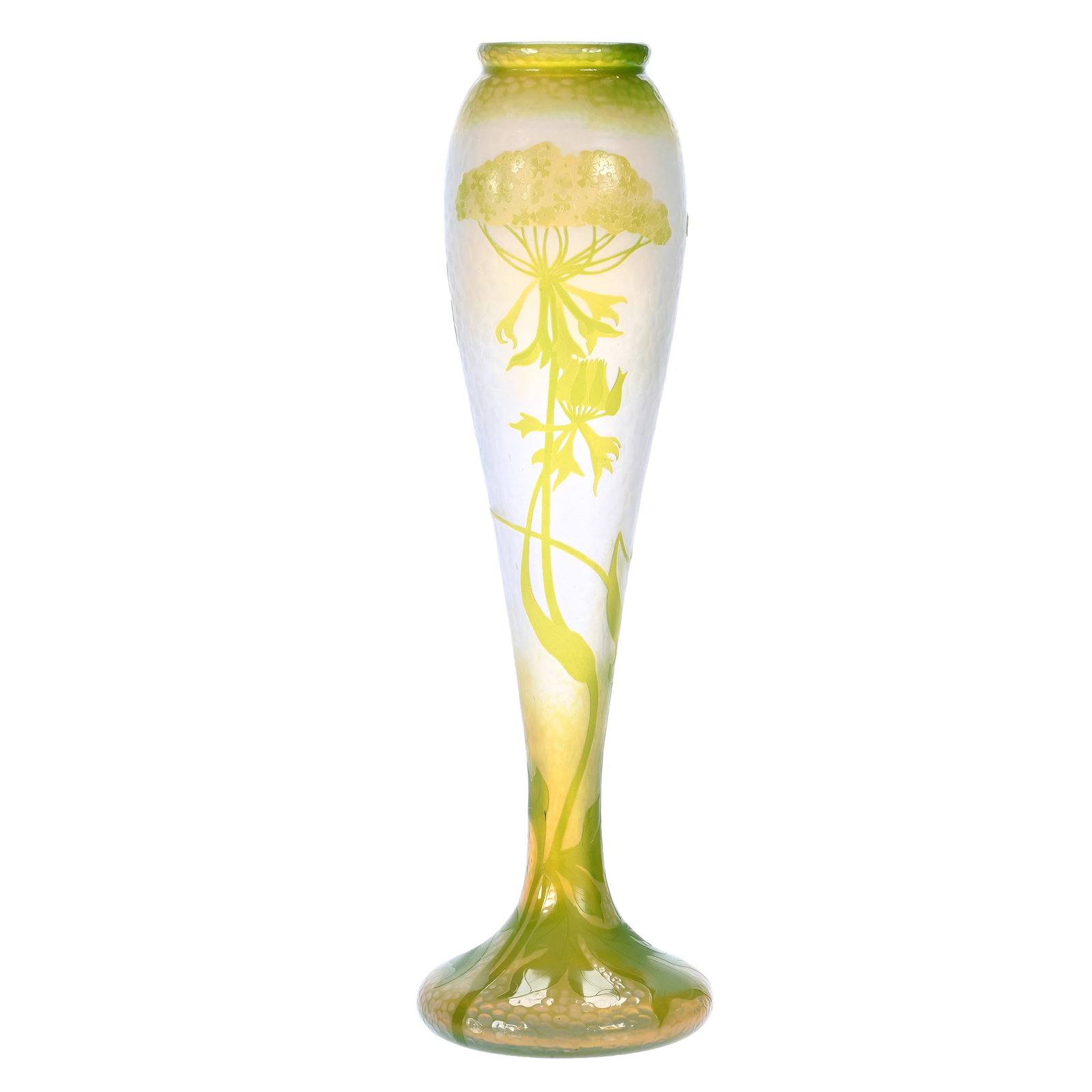 Vase, Signed Daum Nancy French Cameo Art Glass: Vase, Signed Daum Nancy French Cameo Art Glass, 17 x 5 x 5 Inches, White Opalescent Ground With Green Cutback Floral Overlay, Fire Polished, 3.5 Pounds, Aubrey and Jean Silver Collection, CA, Effectiv