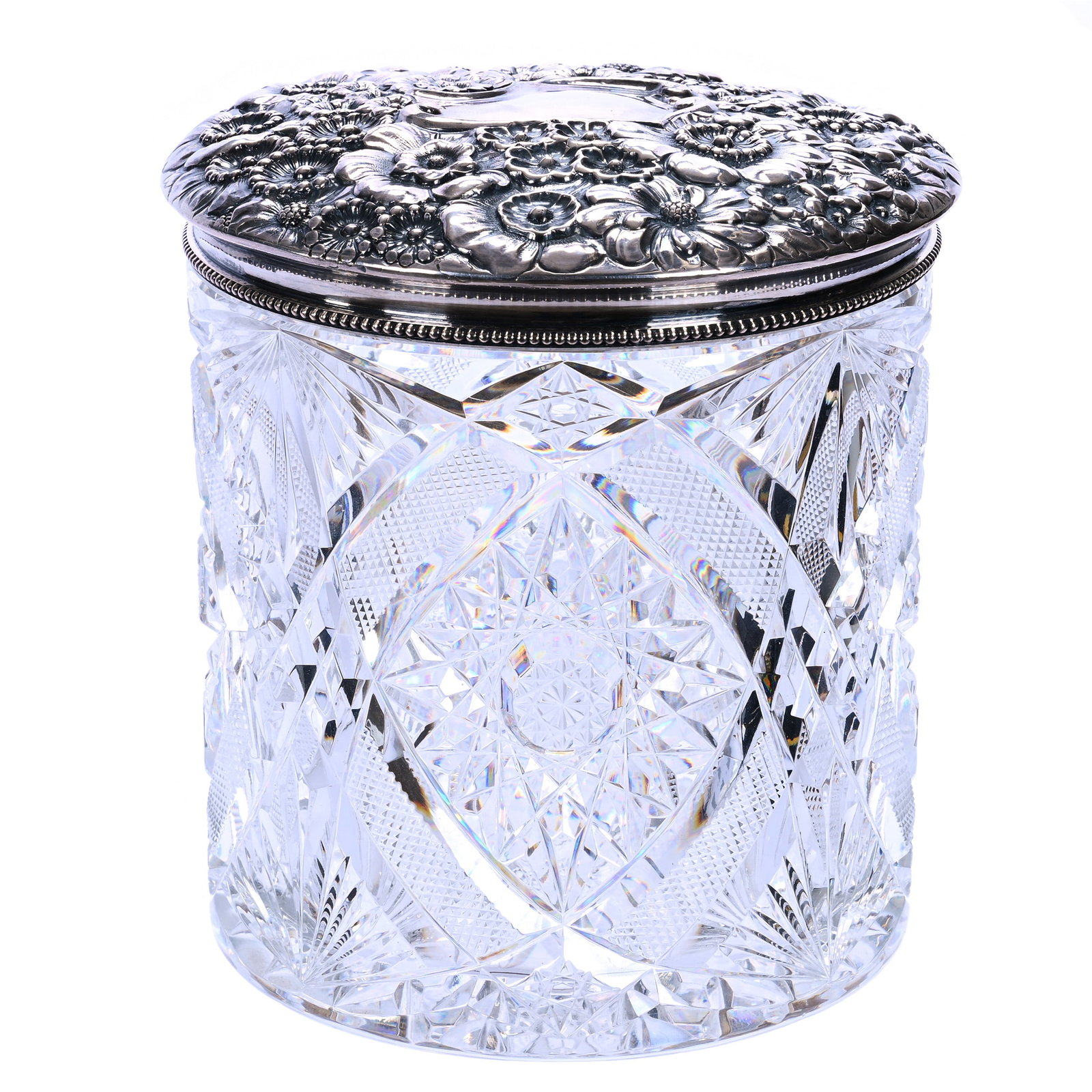 Biscuit Jar, American Brilliant Cut Glass: Biscuit Jar, American Brilliant Cut Glass, 6.25 x 5.5 x 5.5 Inches, Hobstar, File, And Fan Motif, Hobstar Cut Base, Exceptional Unmarked Embossed Floral Sterling Lid, 4.1 Pounds, Grady And Annette