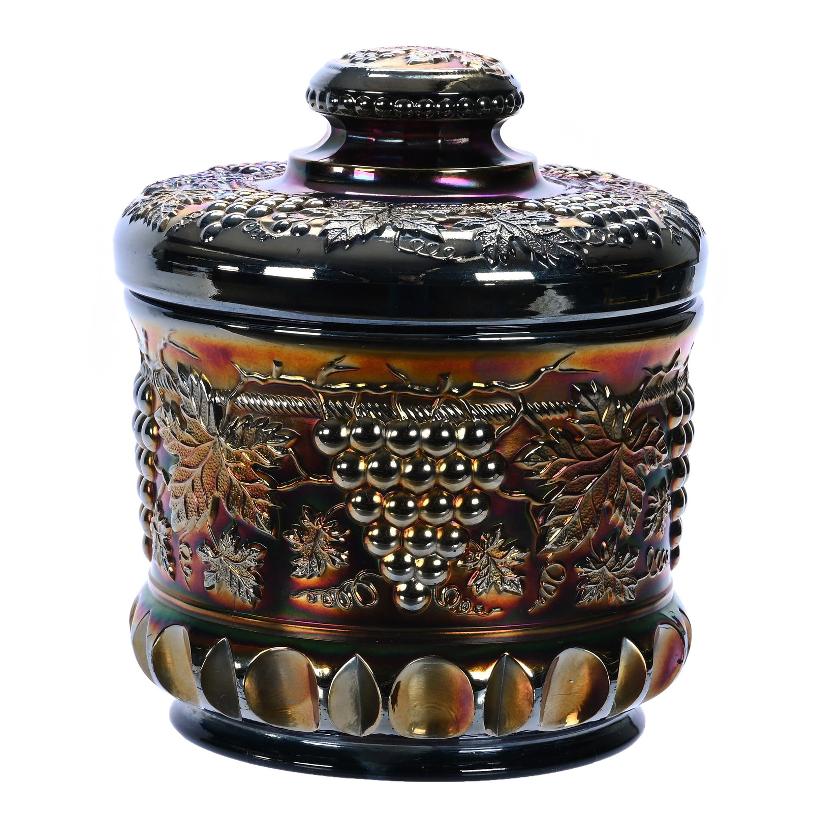 Humidor, Purple Carnival Glass, Grape And Cable By Northwood (1 of 5)
