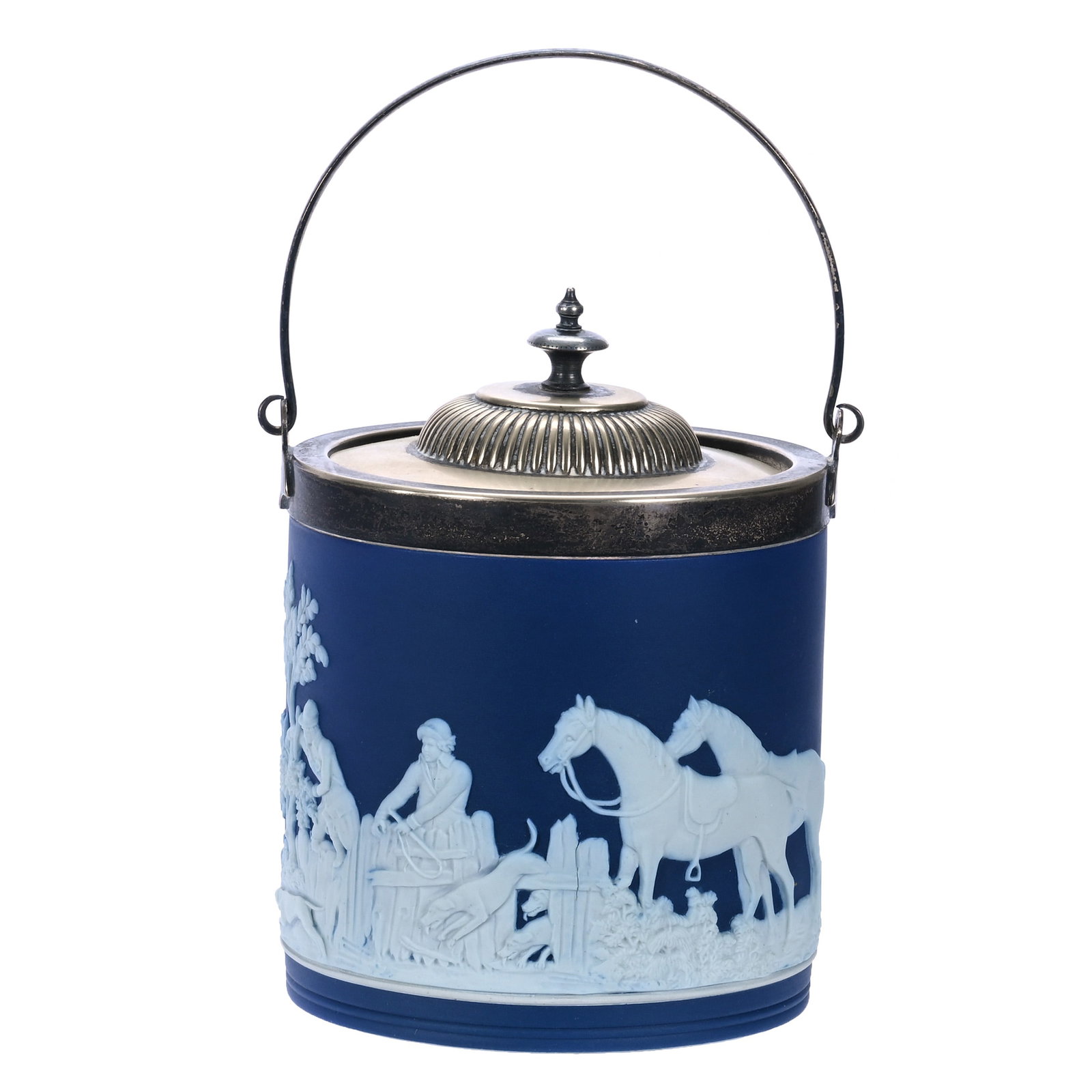 Biscuit Jar, Marked Wedgwood Jasperware: Biscuit Jar, Marked Wedgwood Jasperware, 7 x 5.25 x 5.25 Inches, Classic Blue And White With Fox Hunt Scenic Relief, Silverplate Lid And Bail, 2.4 Pounds, John And Doris Carty Estate Collection, IA,