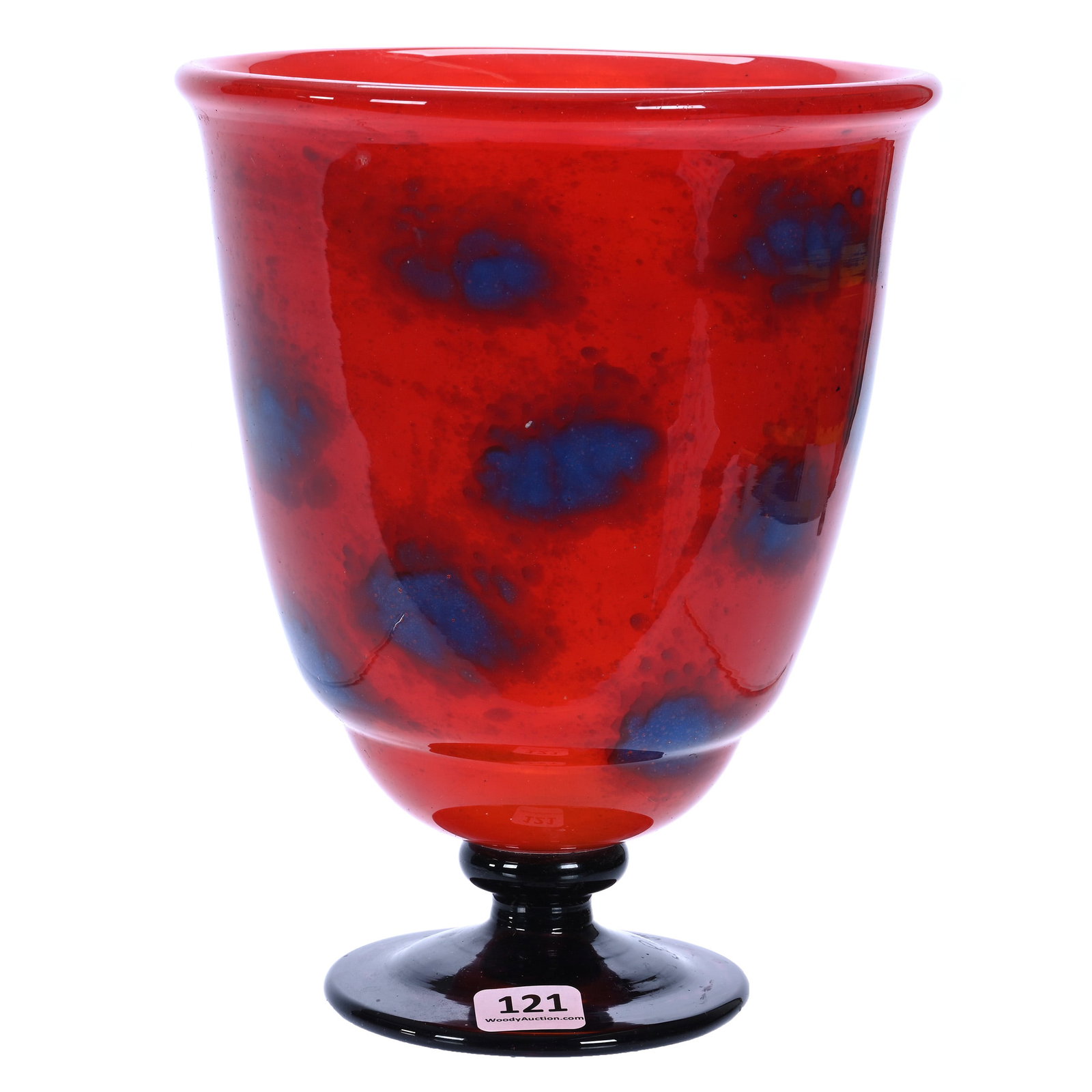 Pedestal Vase, Signed Schneider France Art Glass, Also Marked Ovington New York On Base: Pedestal Vase, Signed Schneider France Art Glass, Also Marked Ovington New York On Base, 7.75 x 6.25 x 6.25 Inches, Cased Red With Blue Mottled Design, Amethyst Mottled Applied Foot, 2.6 Pounds,