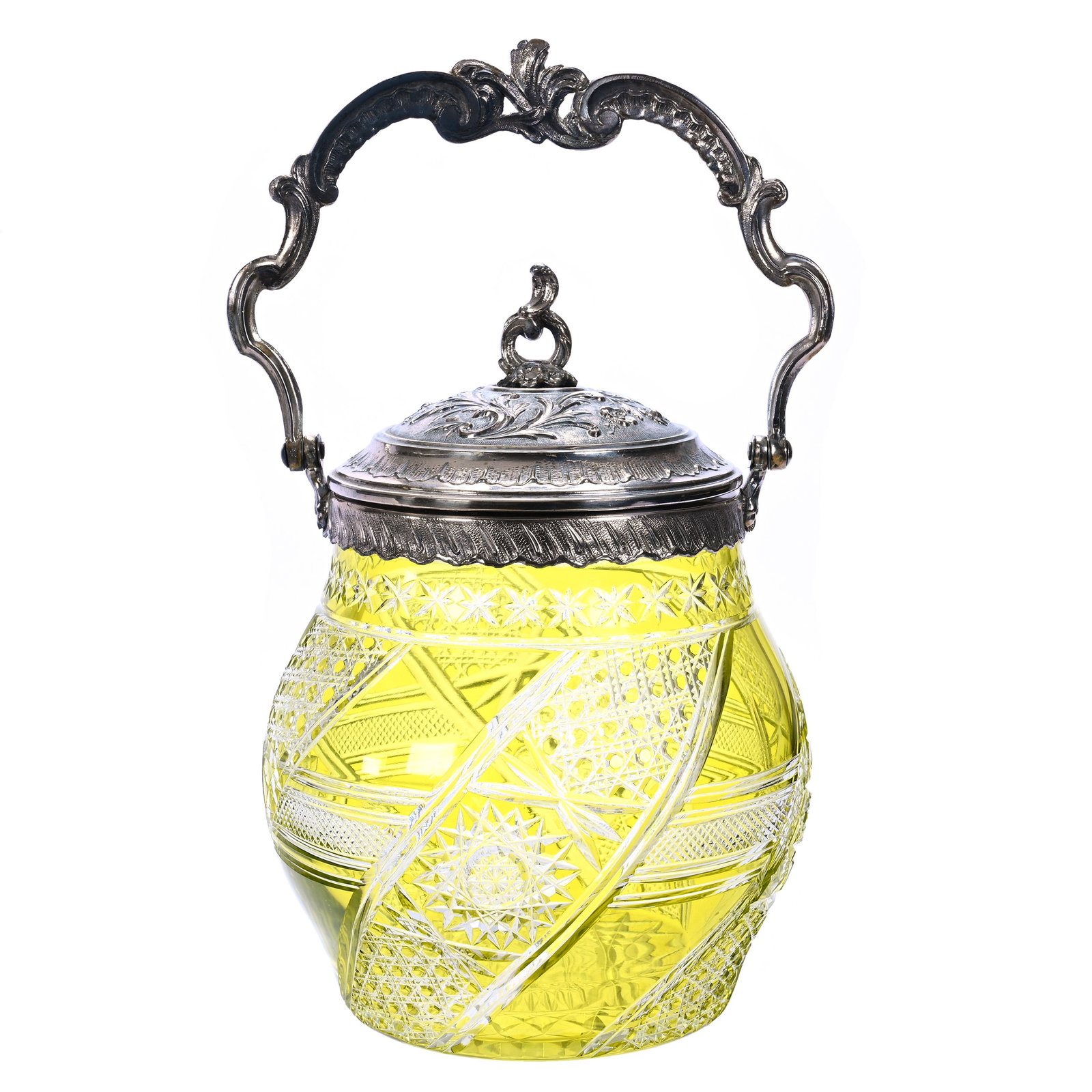 Biscuit Jar, Brilliant Period Cut Glass, Yellow Cut To Clear: Biscuit Jar, Brilliant Period Cut Glass, Yellow Cut To Clear, 8 x 5.5 x 5.5 Inches, Hobstar, Cane, File, And Star Motif, Hobstar Cut Base, Silverplate Lid And Bail, 2.5 Pounds, John And Doris Carty