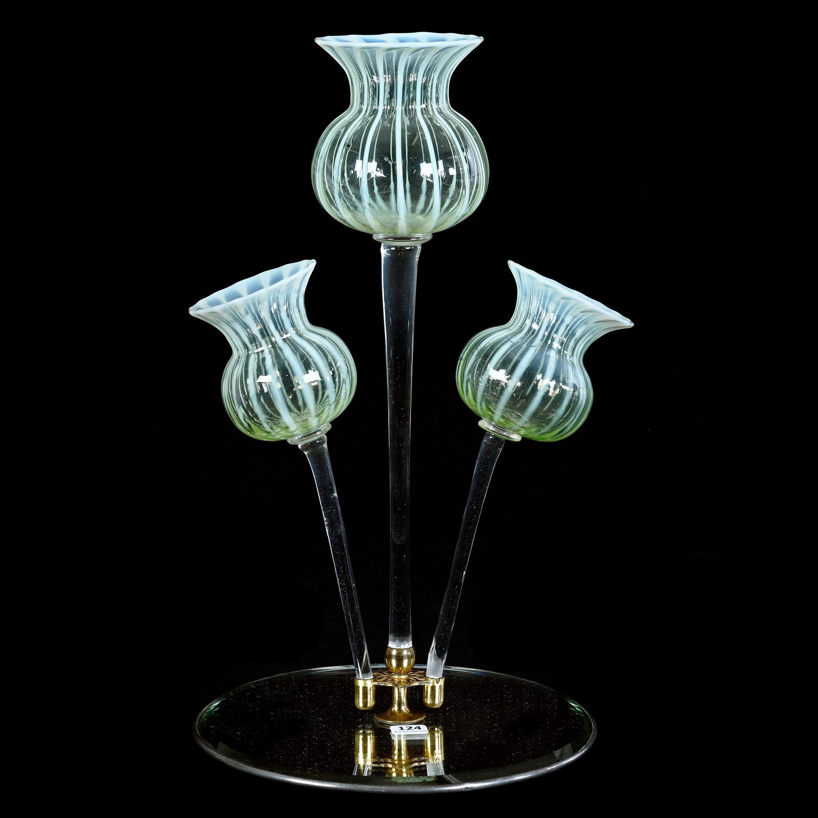 (3) Lily Epergne: (3) Lily Epergne, 17 x 9.75 x 9.75 Inches, Vaseline Opalescent Striped Lilies, Mounted On Beveled Mirror Base, Highly Reactive Under Blacklight, 4.1 Pounds, Cliff And Myra Bilbo Collection, TN,