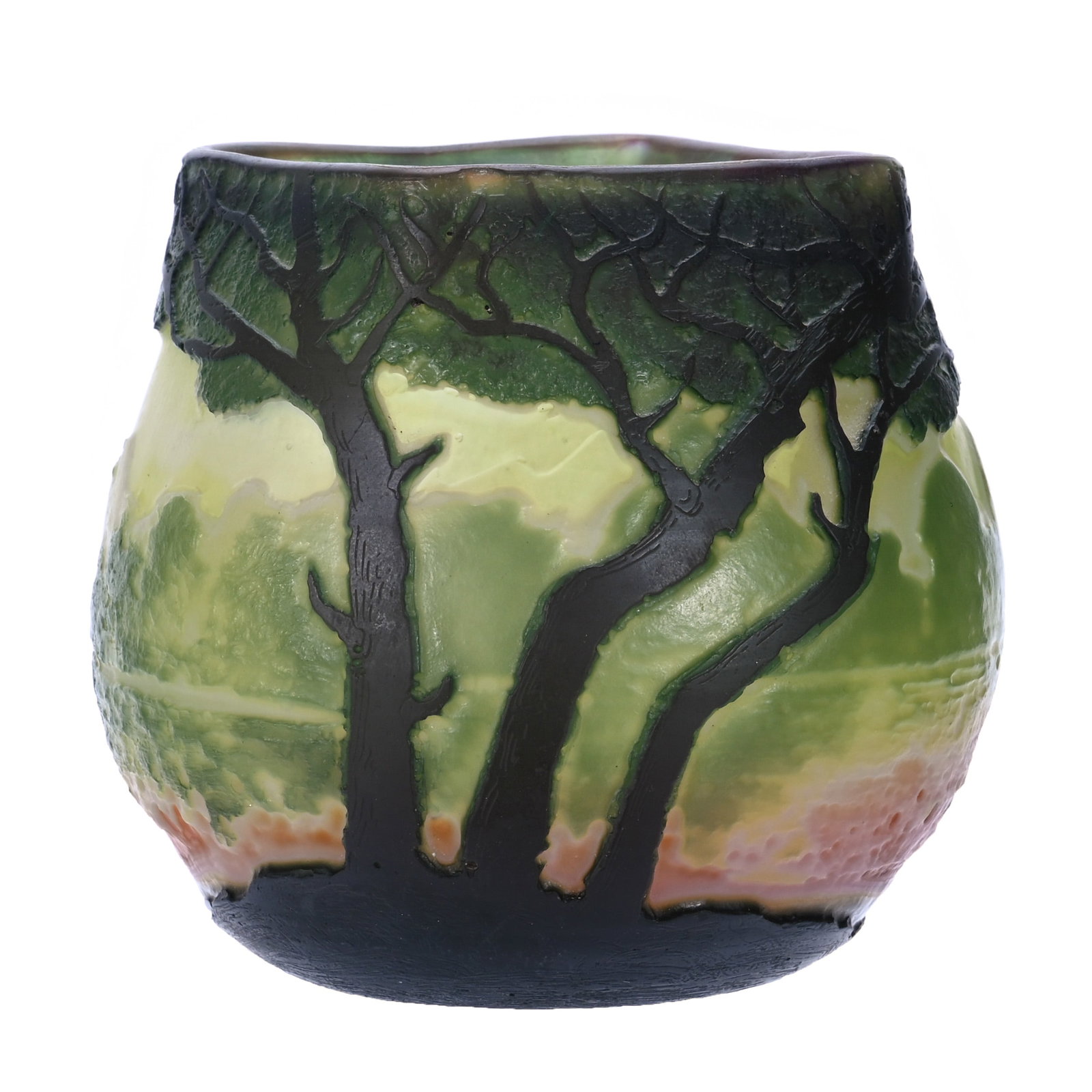 Vase, Signed Legras French Cameo Art Glass: Vase, Signed Legras French Cameo Art Glass, 3.75 x 4 x 4 Inches, Orange And White Ground With Heavy Green Cutback Forest Overlay, 0.8 Pounds, Aubrey and Jean Silver Collection, CA, Effective 6/6/26 -
