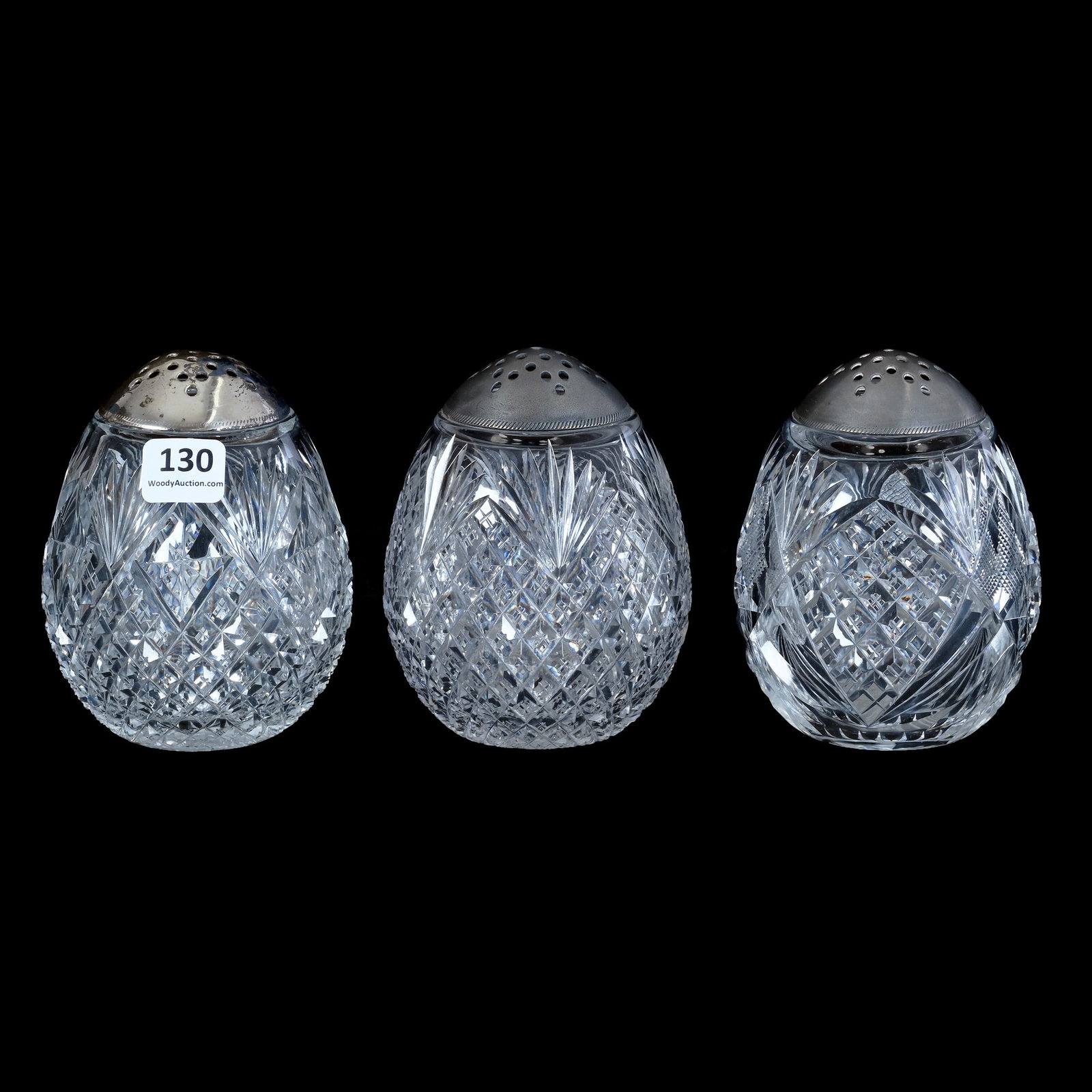 (3) Sugar Shakers, American Brilliant Cut Glass, All Attributed To Mt. Washington: (3) Sugar Shakers, American Brilliant Cut Glass, All Attributed To Mt. Washington, 4.25 x 3.25 x 3.25 Inches, (1) Windows, Strawberry Diamond, And Fan Motif, (1) Priscilla Pattern, And (1) Strawberry