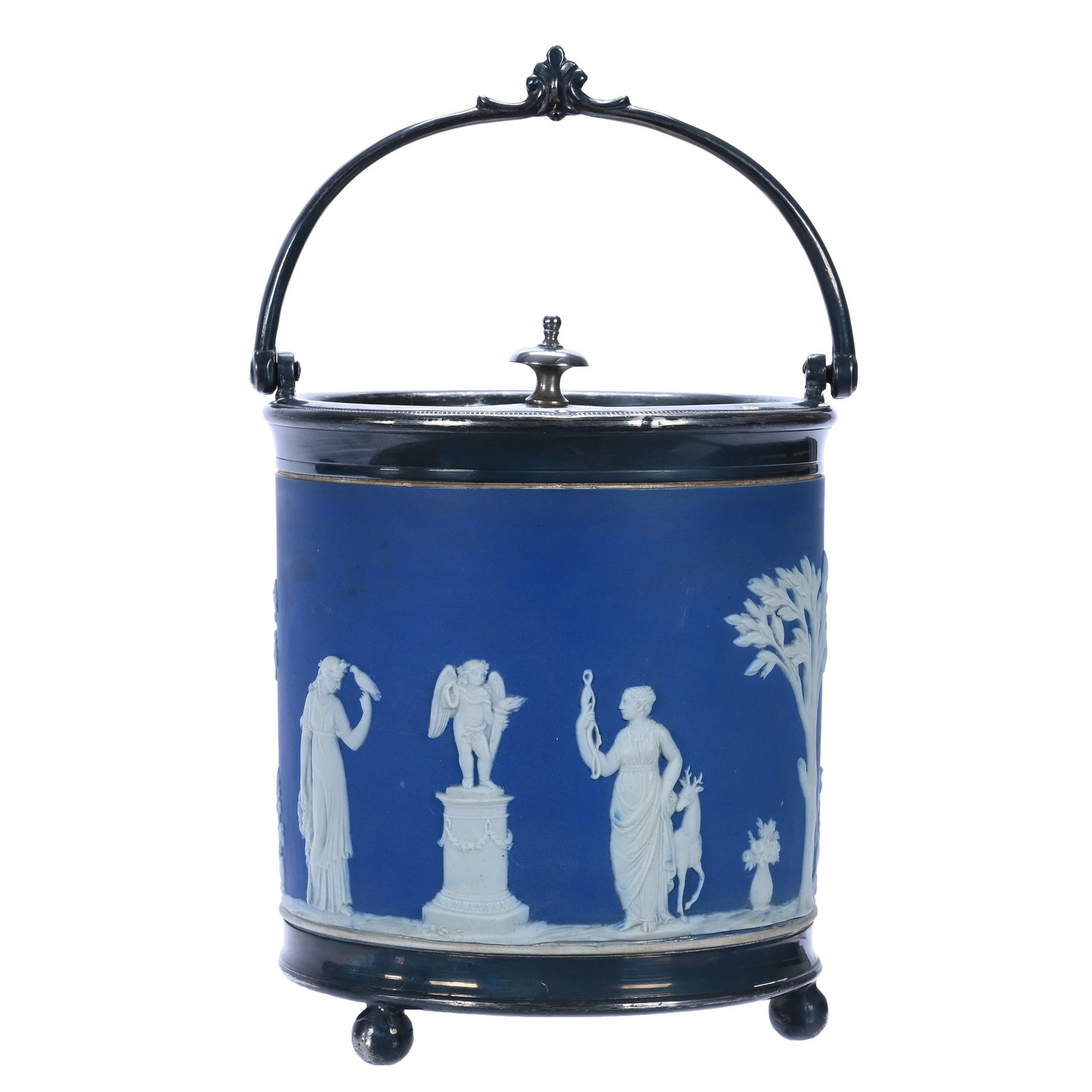 Biscuit Jar, Marked Wedgwood Jasperware: Biscuit Jar, Marked Wedgwood Jasperware, 6.75 x 5.5 x 5.5 Inches, Classic Blue And White Scenic Relief, Silverplate Lid And Bail With Silverplate Footed Base, 2.7 Pounds, John And Doris Carty Estate