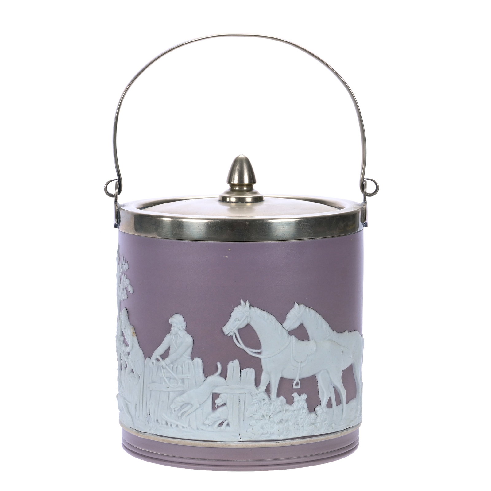 Biscuit Jar, Marked Wedgwood Jasperware England: Biscuit Jar, Marked Wedgwood Jasperware England, 6.5 x 5.25 x 5.25 Inches, Lilac Background With White Fox Hunt Scenic Relief, Silverplate Lid And Bail, 2.3 Pounds, John And Doris Carty Estate