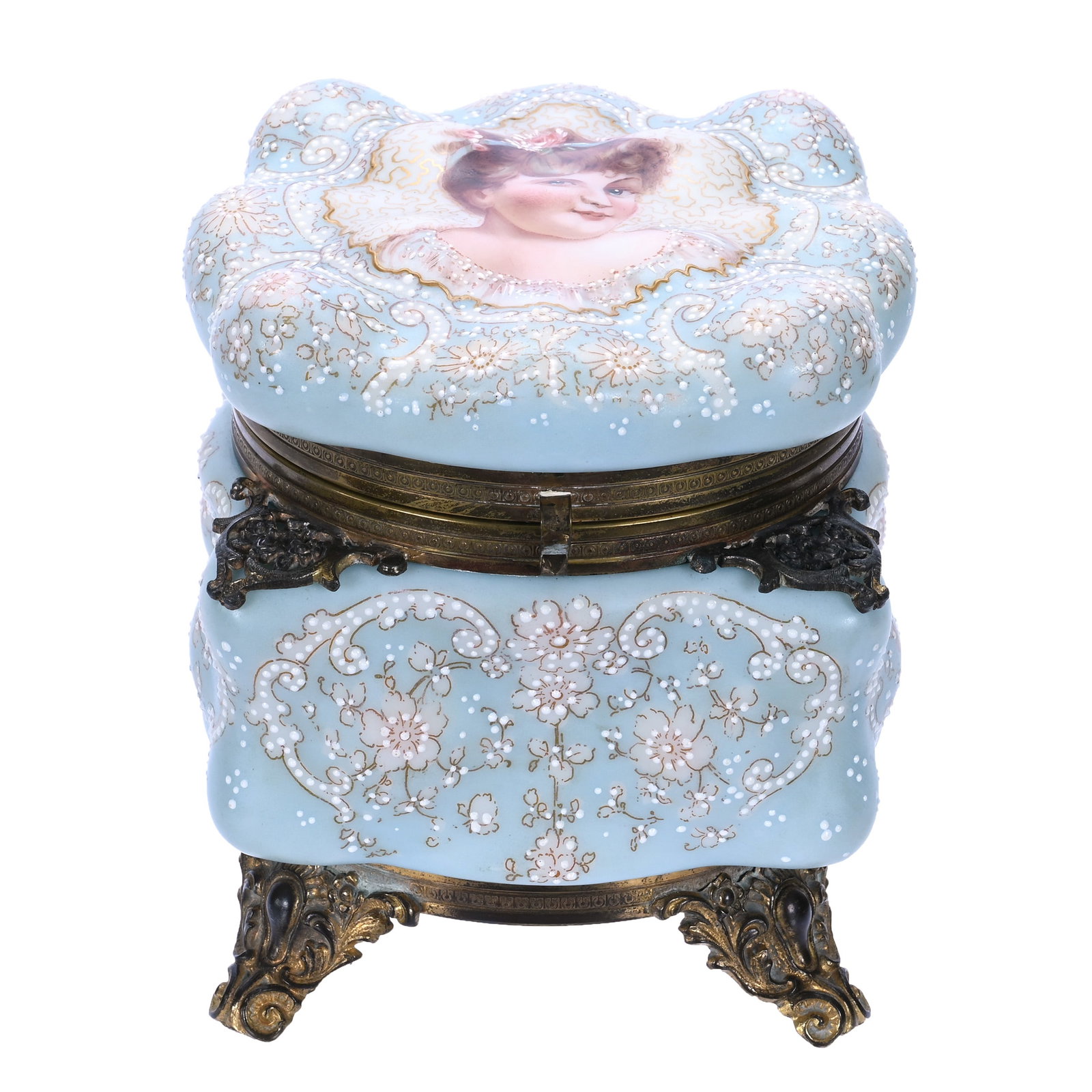 Dresser Box, Unmarked Wave Crest, Egg Crate Mold: Dresser Box, Unmarked Wave Crest, Egg Crate Mold, 5 x 5 x 5.75 Inches, Powder Blue Background With Portrait Of Young Girl, Floral Decor With White Beaded Tapestry Overlay, Very Nice Example, 2.5