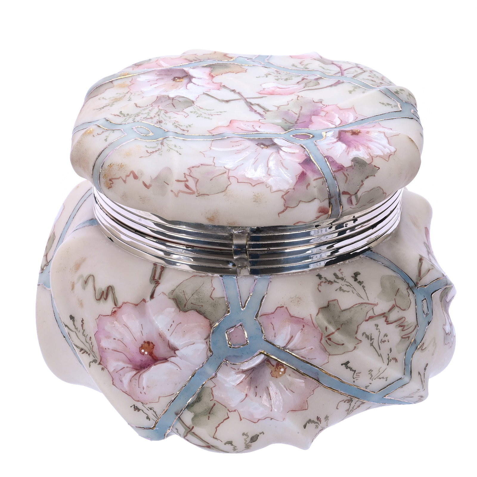 Dresser Box, Unmarked Wave Crest, Swirl Mold: Dresser Box, Unmarked Wave Crest, Swirl Mold, 6 x 6 x 4.5 Inches, Cream Tones With Pink Morning Glory Decor And Blue Ribbon Lattice Design Highlights, Minor Base Rim Nick, 1.8 Pounds, John And Doris