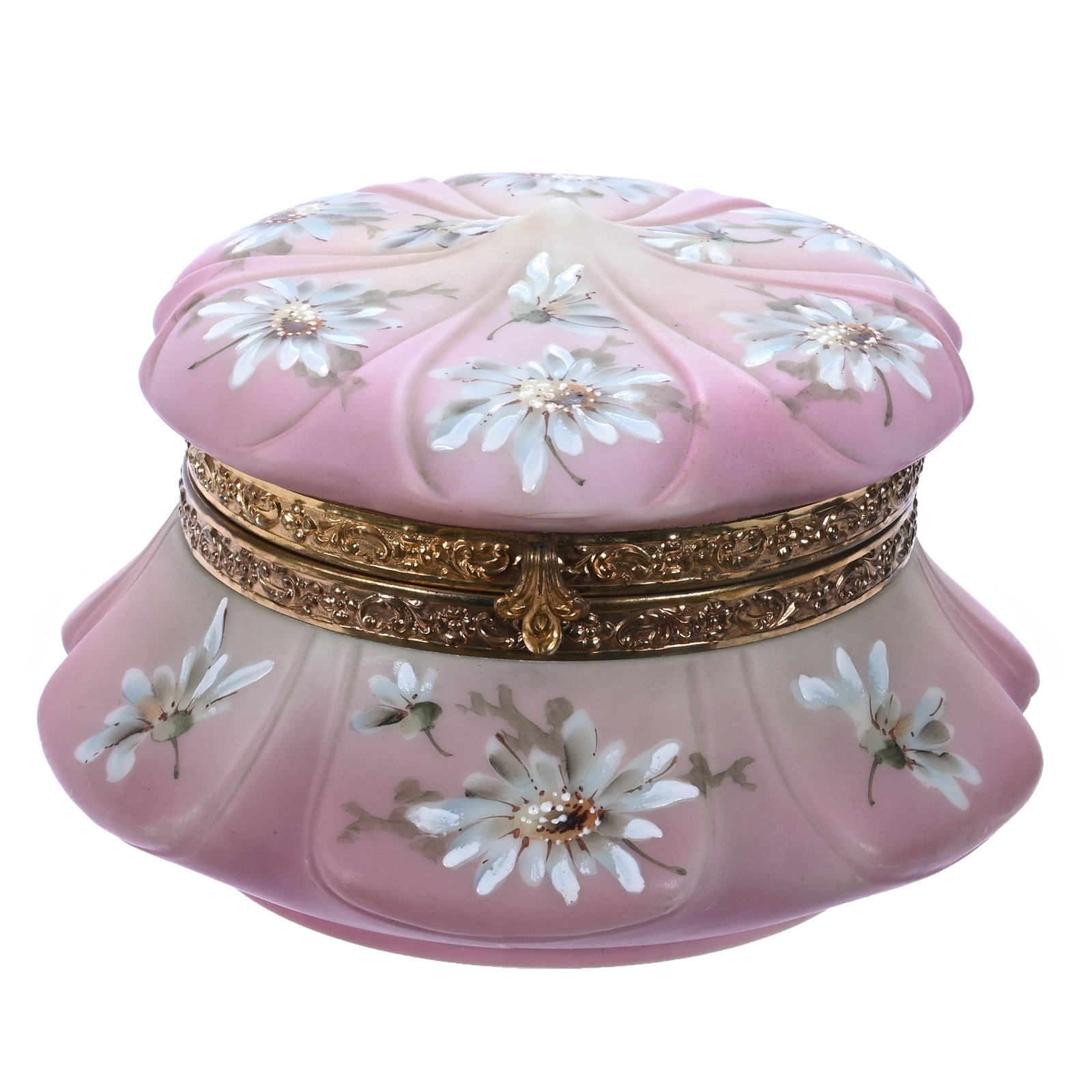 Dresser Box, Unmarked Nakara, Crown Mold: Dresser Box, Unmarked Nakara, Crown Mold, 6.5 x 6.5 x 4.25 Inches, Pink And Cream Tones With Blue Floral Decor, Original Lining, 1.8 Pounds, John And Doris Carty Estate Collection, IA, Effective