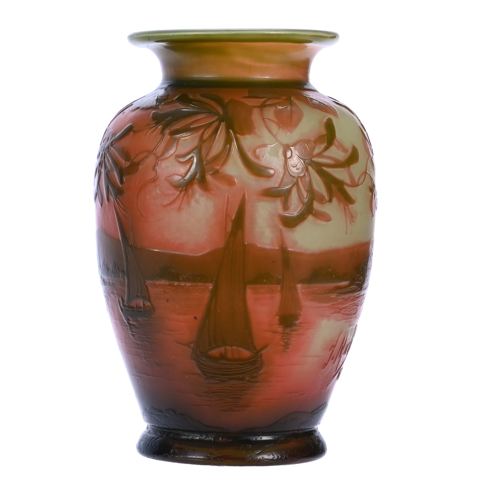 Vase, Signed J. Michel French Cameo Art Glass: Vase, Signed J. Michel French Cameo Art Glass, 5 x 3.25 x 3.25 Inches, Yellow Ground With Cranberry And Green Cutback Overlay Featuring Sailboat, Mountain, And Vine Decor, 0.8 Pounds, Aubrey and Jean