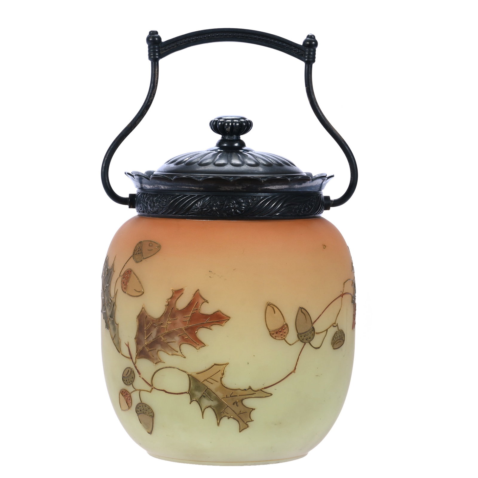 Biscuit Jar, Unmarked Mt. Washington Decorated Burmese: Biscuit Jar, Unmarked Mt. Washington Decorated Burmese, 7.25 x 5.25 x 5.25 Inches, Acorn Branch Decor, Silverplate Lid And Bail, 2.3 Pounds, John And Doris Carty Estate Collection, IA, Effective