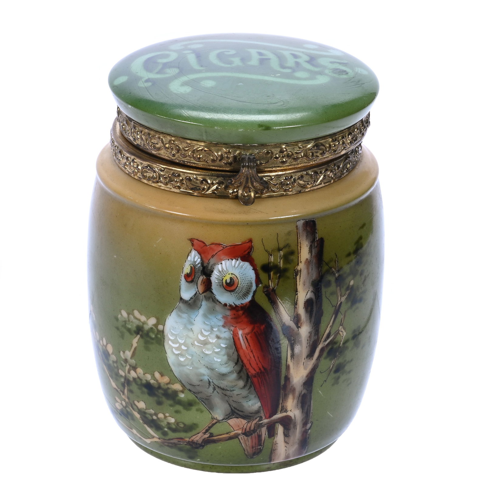 Humidor, Marked Nakara: Humidor, Marked Nakara, 5.75 x 4 x 4 Inches, Owl Perched In Tree Scenic Decor, Green And Cream Tones, Labeled "Cigars" On Lid, 1.3 Pounds, John And Doris Carty Estate Collection, IA, Effective 6/6/26