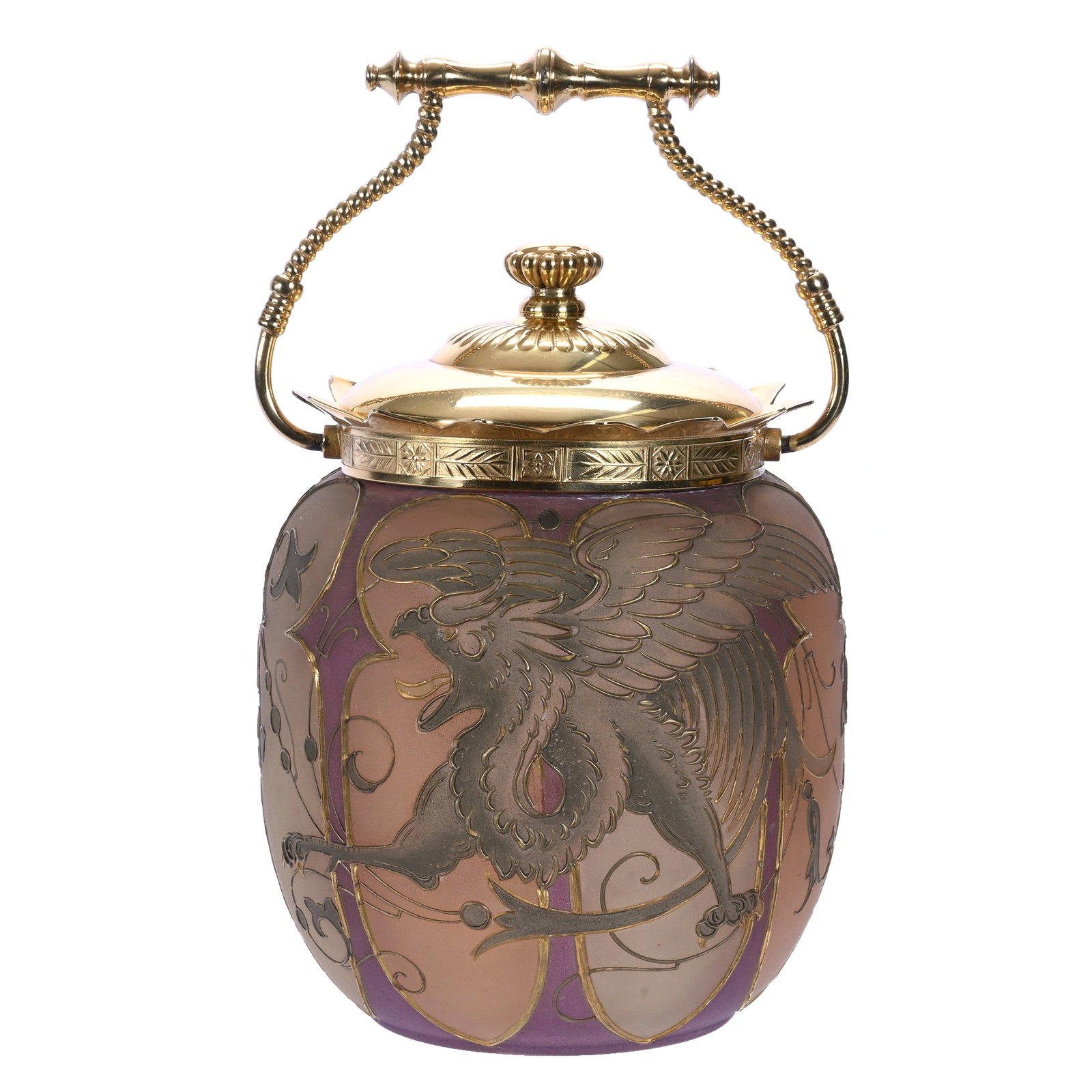 Biscuit Jar, Unmarked Royal Flemish Art Glass: Biscuit Jar, Unmarked Royal Flemish Art Glass, 7.25 x 5.25 x 5.25 Inches, Oriental Design Featuring Gilt Griffin And Serpent Decor, Gilt Metal Lid And Bail Marked Pairpoint, Great Example, 2.1