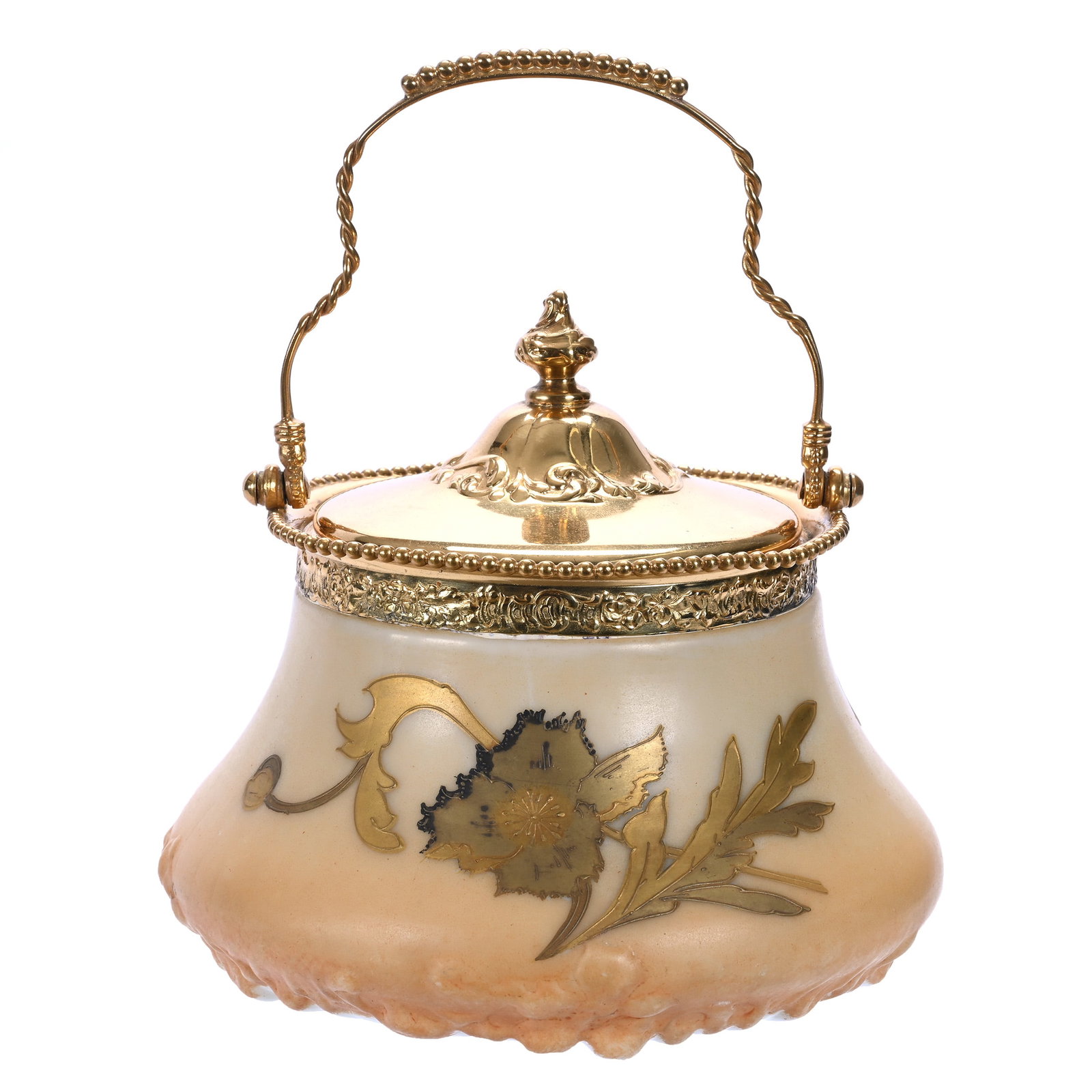 Biscuit Jar, Marked Pairpoint #3930: Biscuit Jar, Marked Pairpoint #3930, 6.25 x 6.25 x 6.25 Inches, Cream And Orange Tones With Gold Enamel Poppy Decor, Gilt Metal Lid And Bail, 2.8 Pounds, John And Doris Carty Estate Collection, IA,