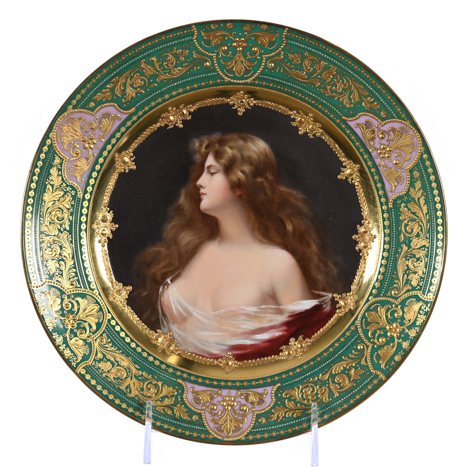 Plate, Marked Beehive Vienna Austria: Plate, Marked Beehive Vienna Austria, 9.5 x 9.5 x 1.125 Inches, Hand Painted Portrait, Green And Pink Border With Extensive Gold Highlights, Artist Attributed To Wagner But Signature Almost Entirely
