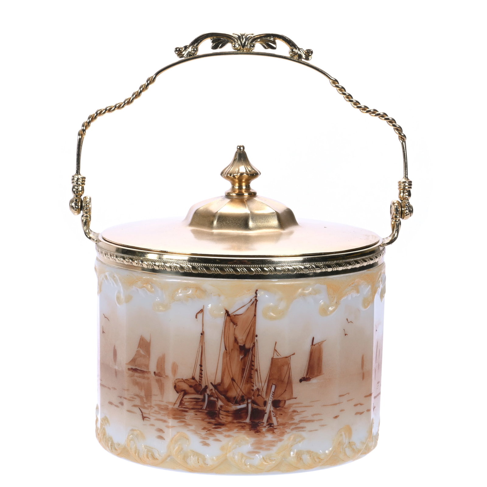 Biscuit Jar, Unmarked Mt. Washington, Panel And Scroll Mold: Biscuit Jar, Unmarked Mt. Washington, Panel And Scroll Mold, 6 x 5.75 x 5.75 Inches, White With Brown Harbor Scene Decor, Cream Border, Gilt Silverplate Lid And Bail, 2.2 Pounds, John And Doris Carty