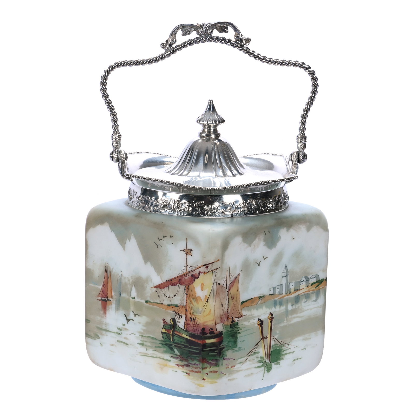 Square Biscuit Jar, Unmarked Mt. Washington: Square Biscuit Jar, Unmarked Mt. Washington, 7.75 x 5 x 5 Inches, Beautiful Harbor Scenic Decor, Marked Pairpoint Silverplate Lid And Bail, Nice Example, 2.5 Pounds, John And Doris Carty Estate