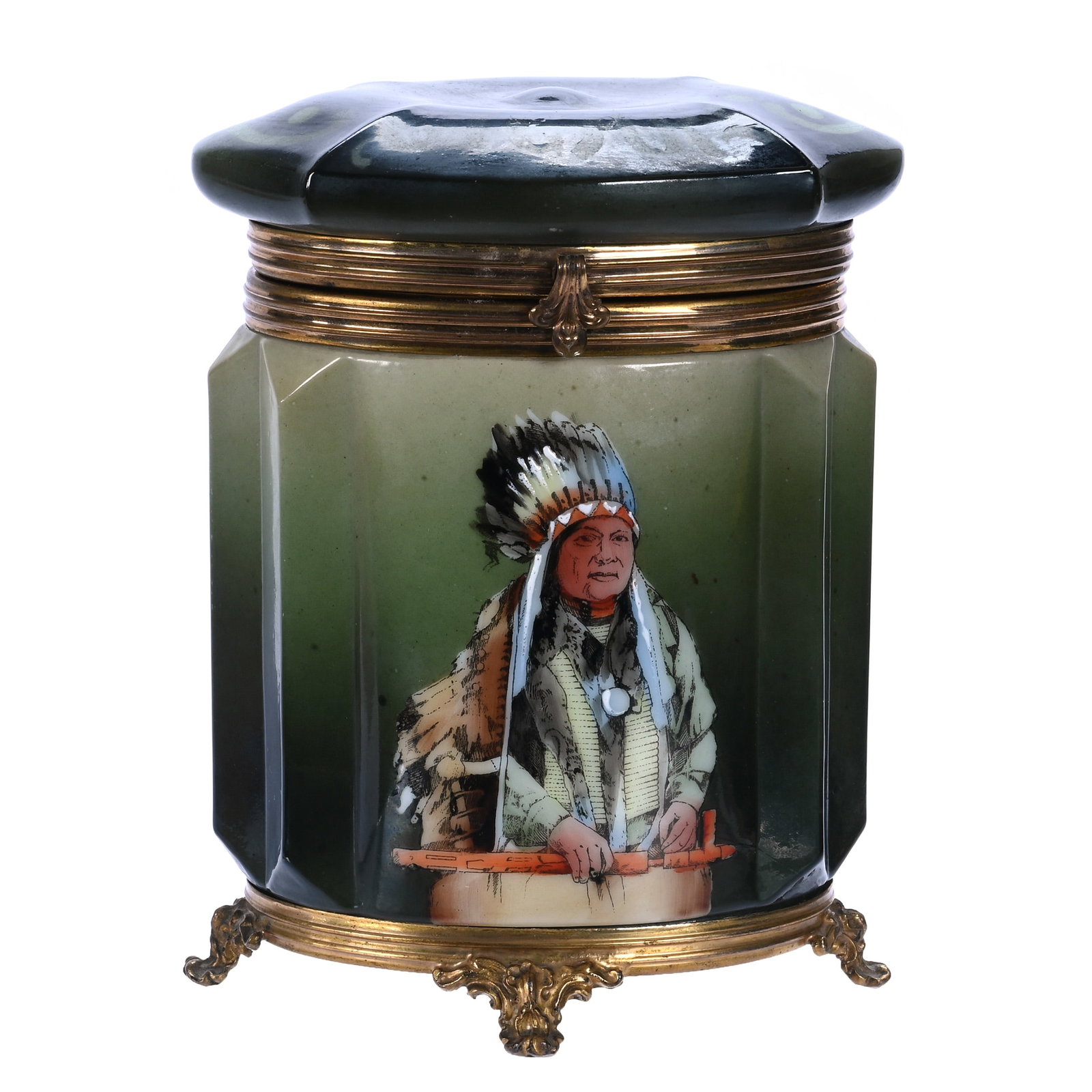 Oval Humidor, Unmarked Nakara, Pleat Mold: Oval Humidor, Unmarked Nakara, Pleat Mold, 6.5 x 5 x 3.75 Inches, Green Tones With Native American Chief Holding Peace Pipe Decor, Labeled "Cigars" On Lid, 1.4 Pounds, John And Doris Carty Estate Coll