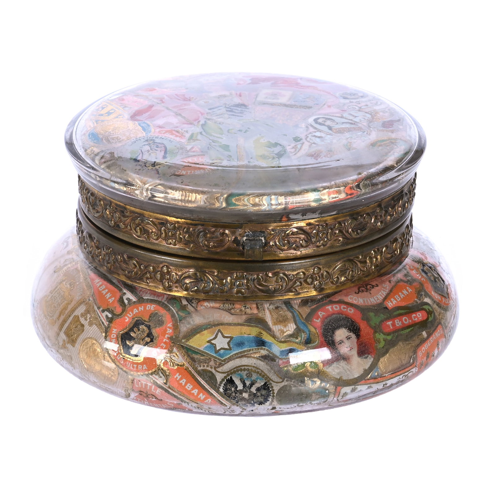 Jewel Box, Cigar Band Decor: Jewel Box, Cigar Band Decor, 4.5 x 4.5 x 2.5 Inches, Very Nice Quality, Missing Clasp, 0.8 Pounds, John And Doris Carty Estate Collection, IA, Effective 6/6/26 - All LiveAuctioneers Invoices Must Be