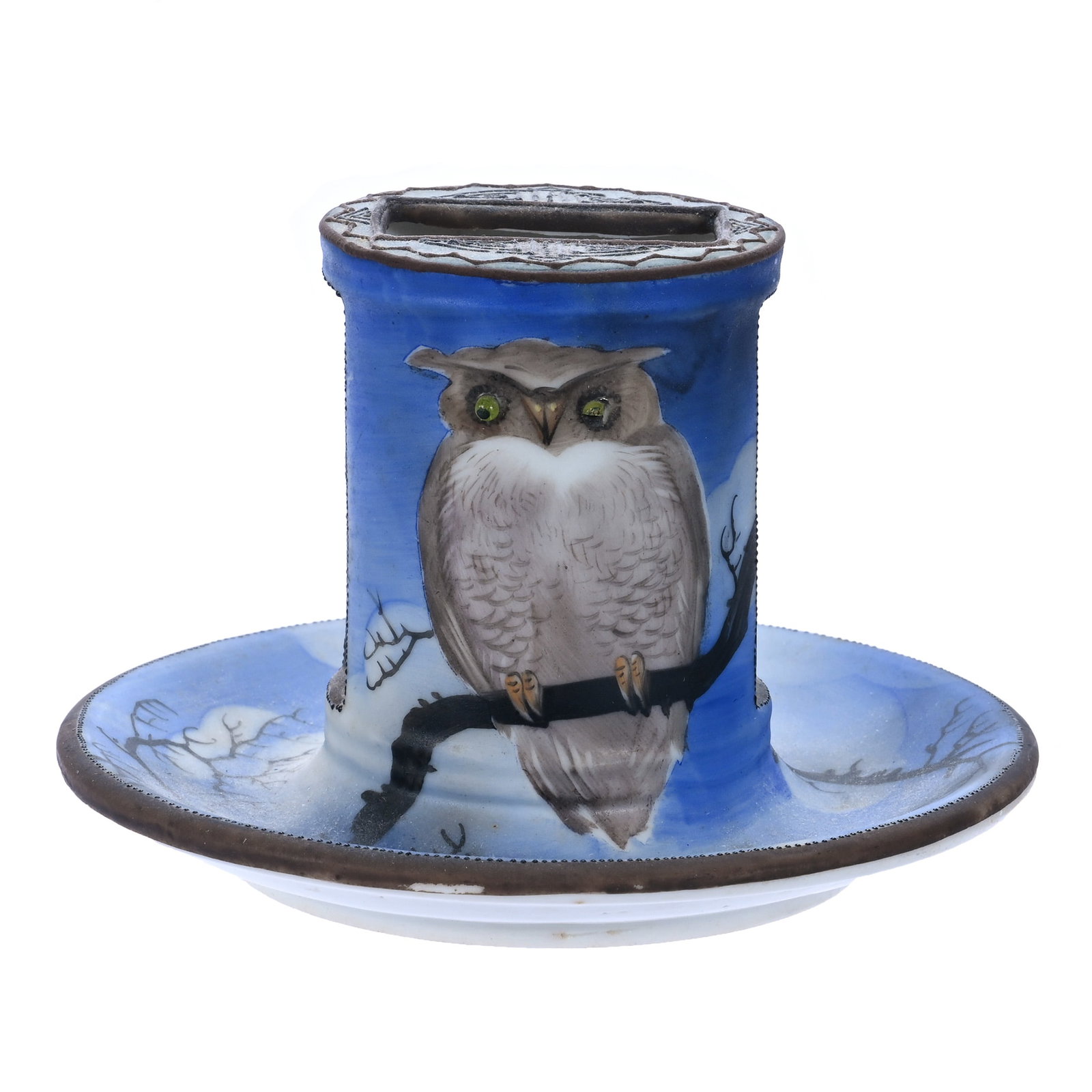 Match Box Holder And Ashtray, Marked Nippon: Match Box Holder And Ashtray, Marked Nippon, 3.25 x 5 x 5 Inches, Nighttime Perched Owl Decor With Yellow Glass Eyes, One Eye Chipped, 0.5 Pounds, Grady And Annette Hite Collection, NC, Effective