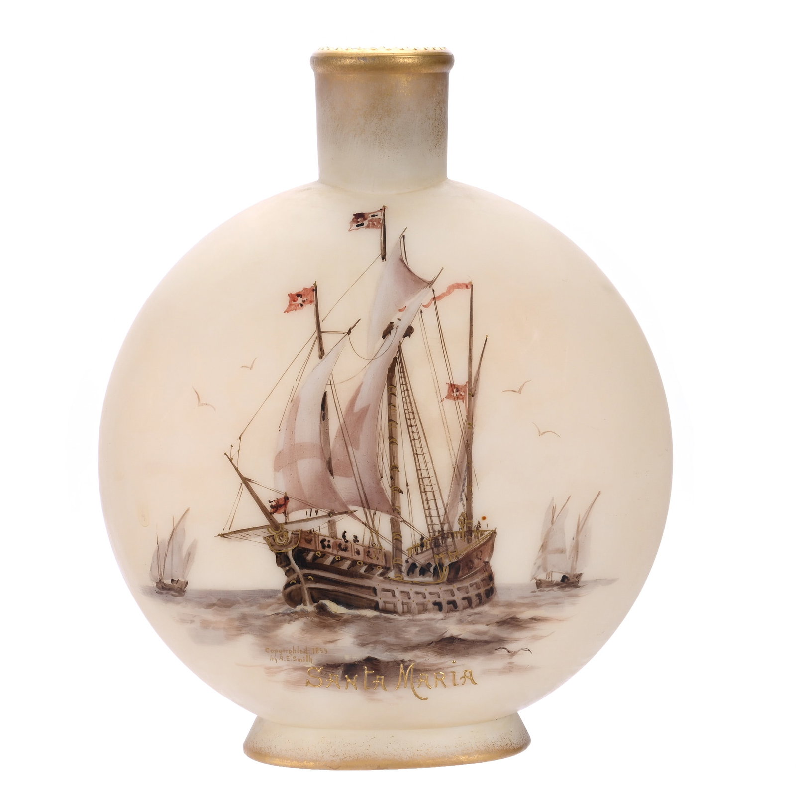 Canteen Vase, Marked Smith Brothers: Canteen Vase, Marked Smith Brothers, 8.5 x 6.75 x 2.75 Inches, Cream Tones With Santa Marie Flagship Decor, Copyrighted 1893 By A.E. Smith, 1.7 Pounds, John And Doris Carty Estate Collection, IA,