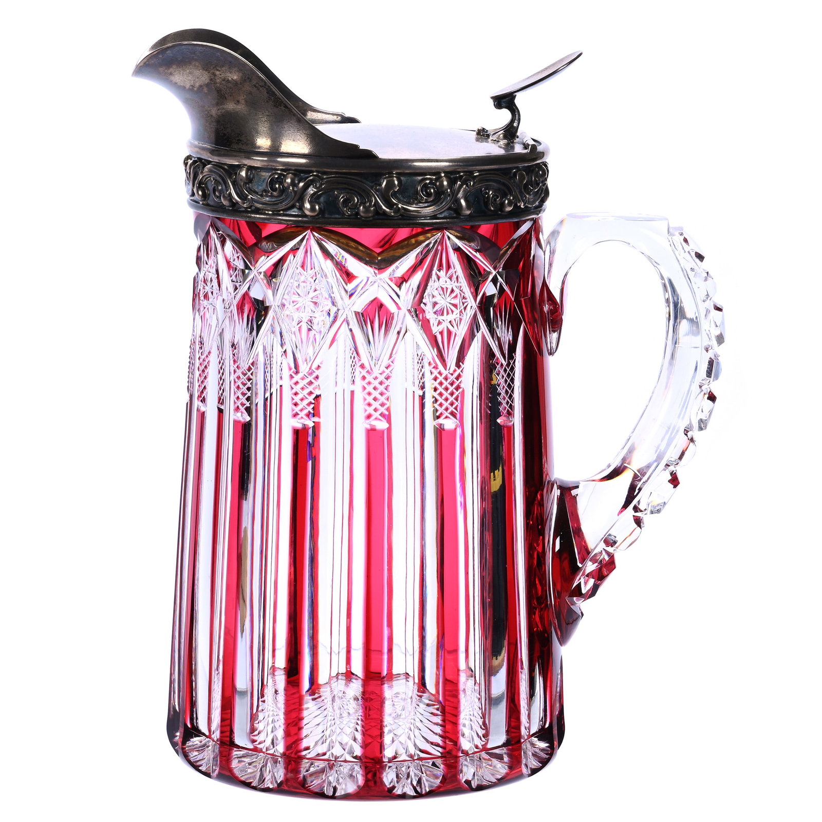 Service Pitcher, American Brilliant Cut Glass, Red Cut To Clear, Chester Pattern By Dorflinger: Service Pitcher, American Brilliant Cut Glass, Red Cut To Clear, Chester Pattern By Dorflinger, 9.75 x 8 x 5.25 Inches, Pattern Cut Handle, Hobstar Base, Gorham Sterling Spout And Flip Lid, Handle