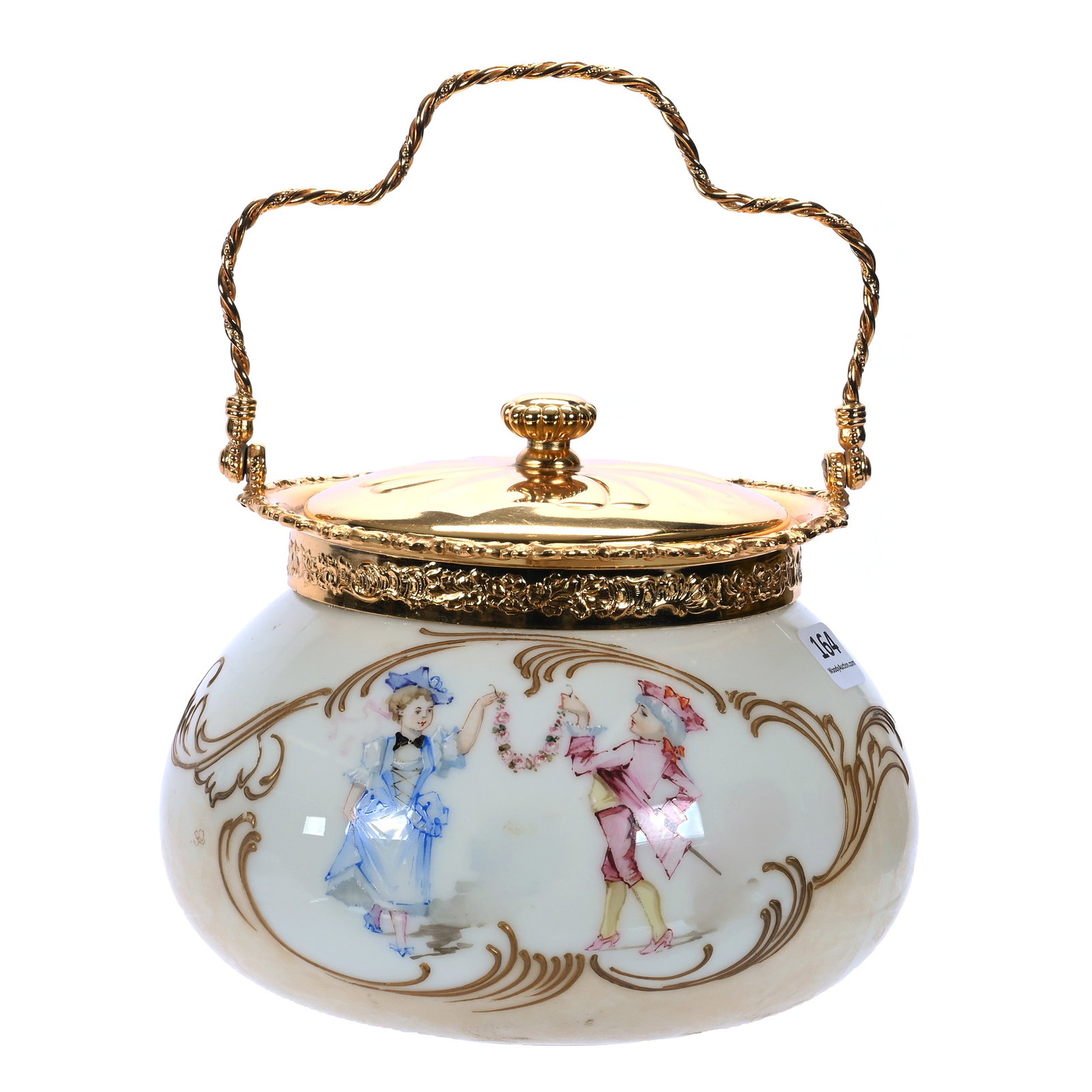 Biscuit Jar, Marked Pairpoint: Biscuit Jar, Marked Pairpoint, 5.75 x 6.75 x 6.75 Inches, White Opalware With Cream Tones, Colonial Courting Scene Decor, Gilt Silverplate Lid And Bail, 2.7 Pounds, John And Doris Carty Estate Collect