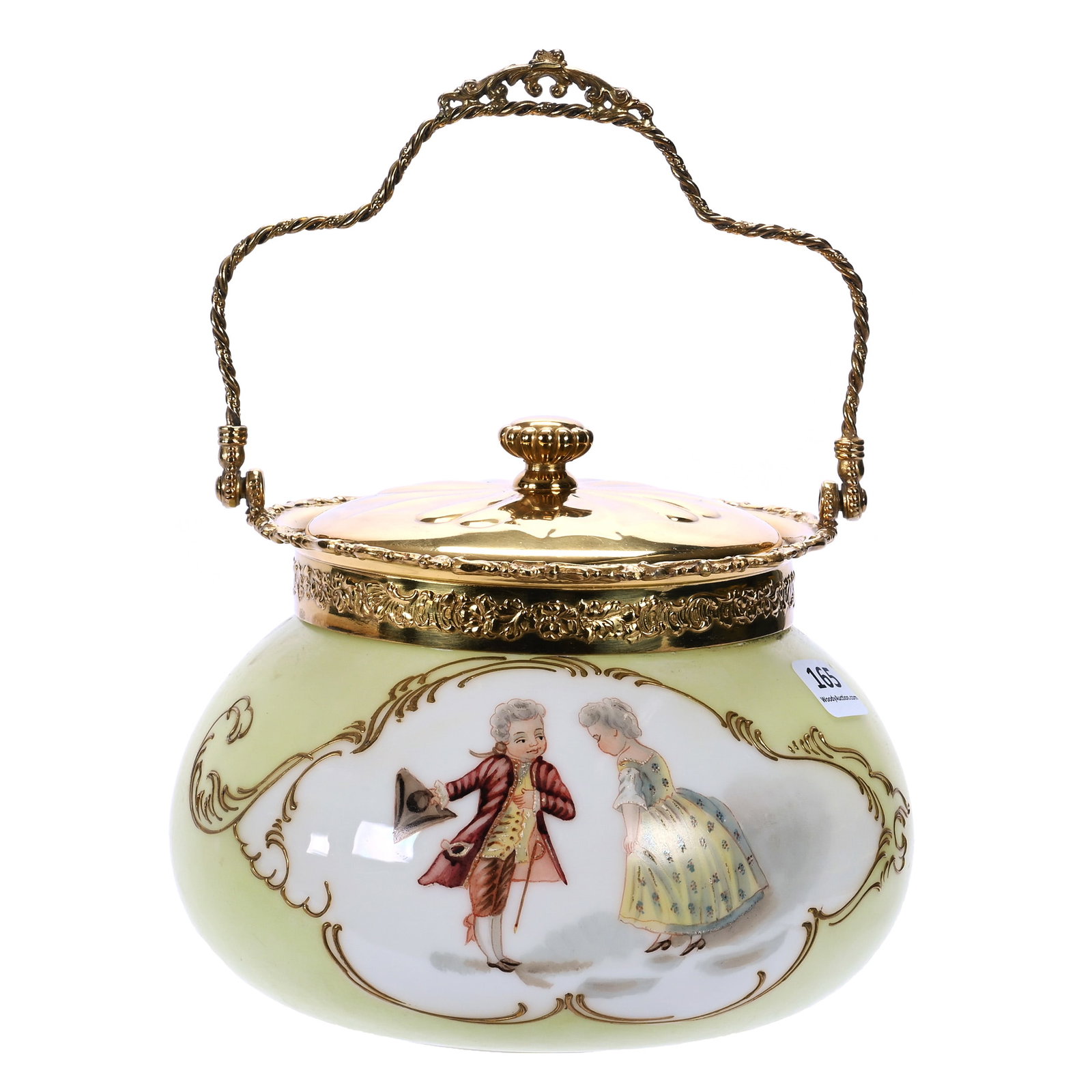 Biscuit Jar, Unmarked Mt. Washington: Biscuit Jar, Unmarked Mt. Washington, 5.75 x 6.75 x 6..75 Inches, White Opalware With Green Border, Colorful Colonial Courting Scene Decor, Gilt Silverplate Lid And Bail, 2 Pounds, John And Doris Cart