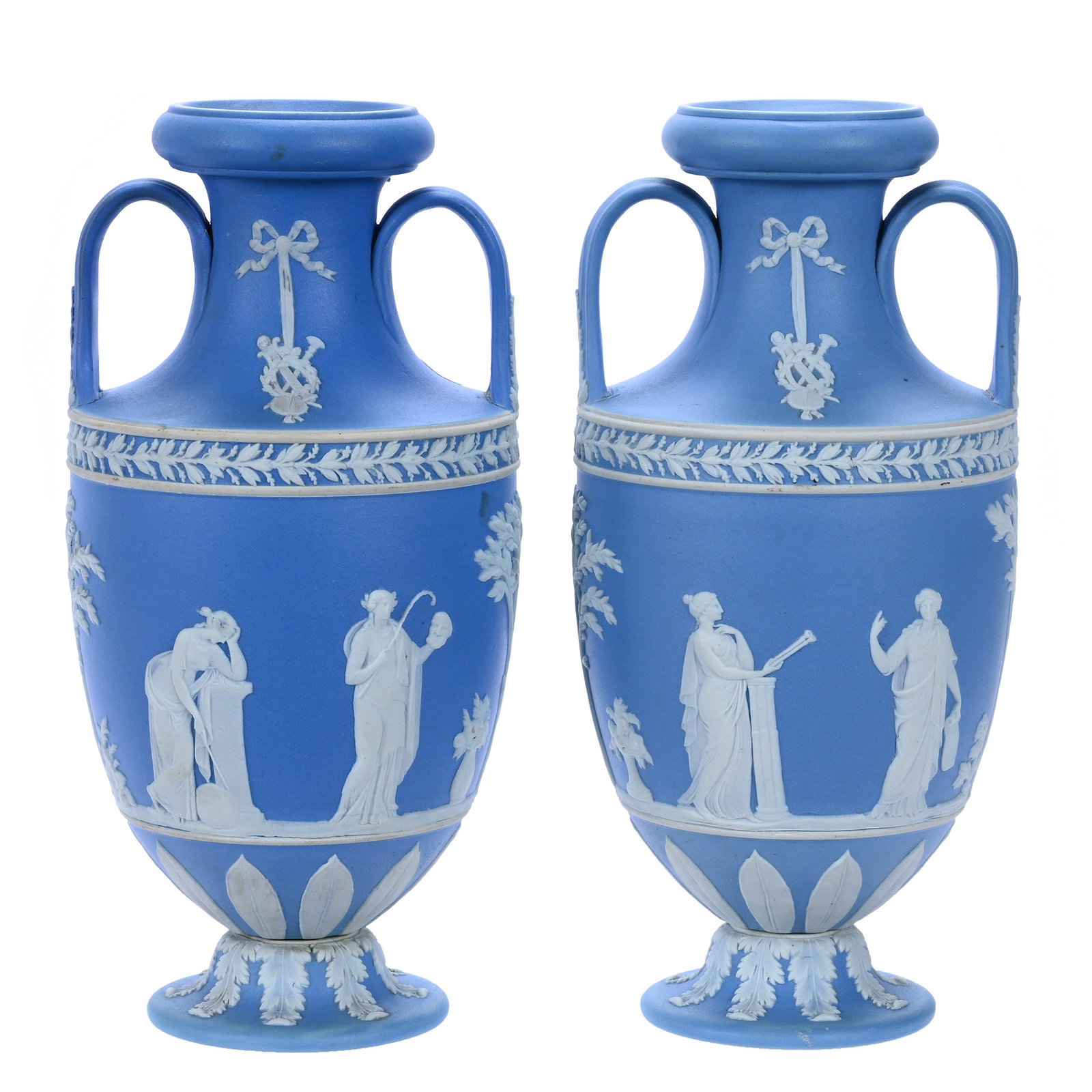 Pair Pedestal Two-Handled Vases, Marked Wedgwood Jasperware (1 of 3)