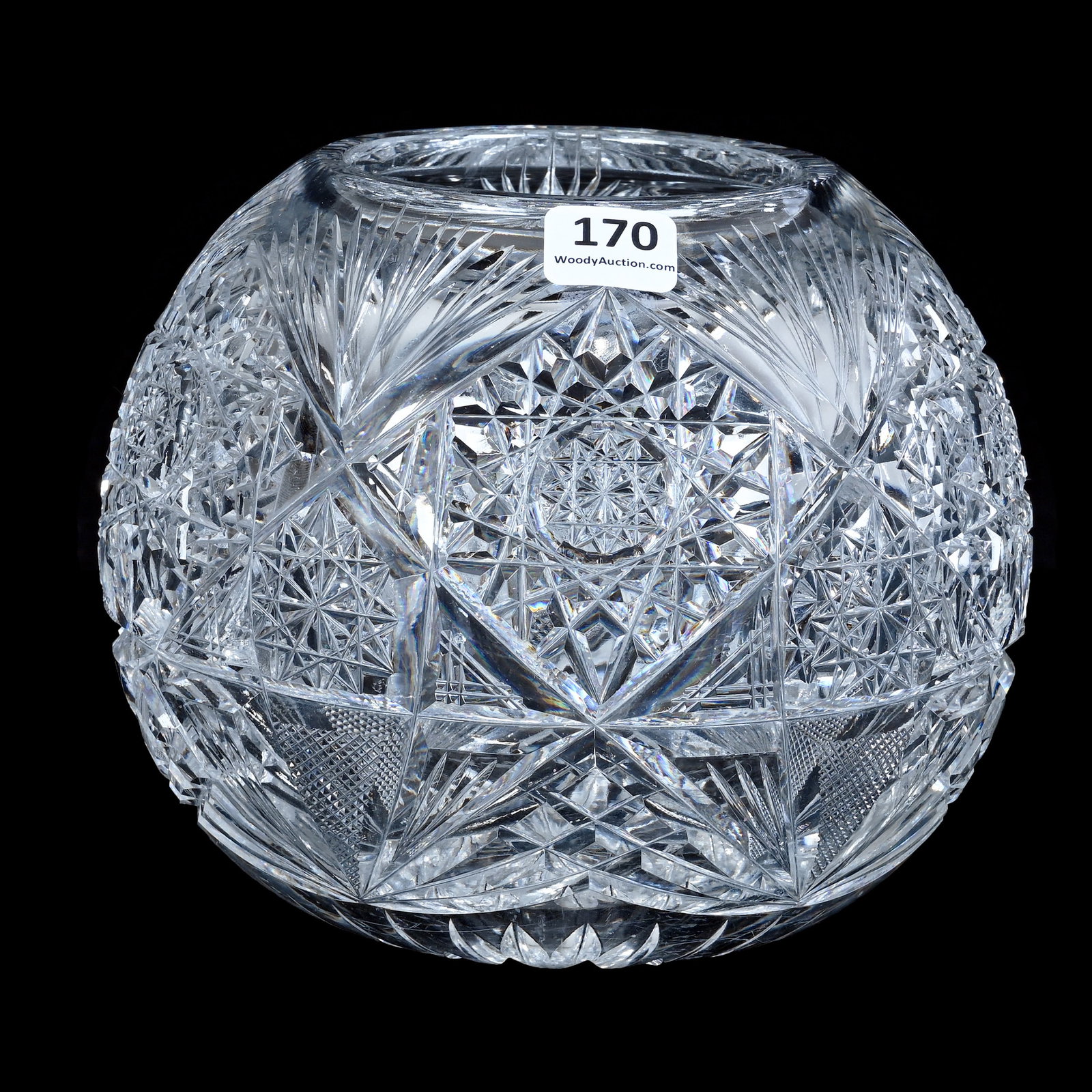 Rose Bowl, American Brilliant Cut Glass: Rose Bowl, American Brilliant Cut Glass, 5.5 x 6.25 x 6.25 Inches, Hobstar, Crosscutting, Miter, And Fan Motif, 3.3 Pounds, John And Doris Carty Estate Collection, IA, Effective 6/6/26 - All