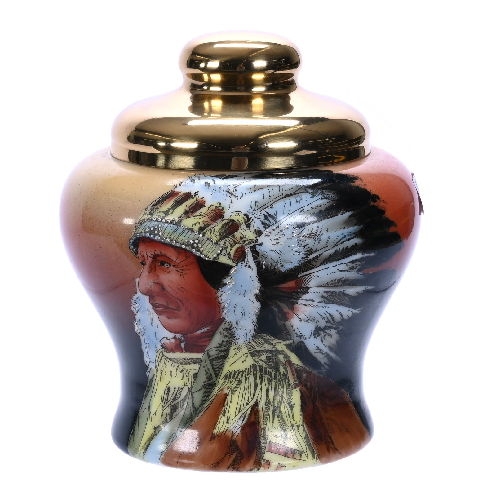 Humidor, Marked Nakara: Humidor, Marked Nakara, 7 x 6 x 6 Inches, Brown Shading Tones With Native American Chief Portrait Decor, Gilt Metal Lid, Beautiful Example, 2.1 Pounds, John And Doris Carty Estate Collection, IA,