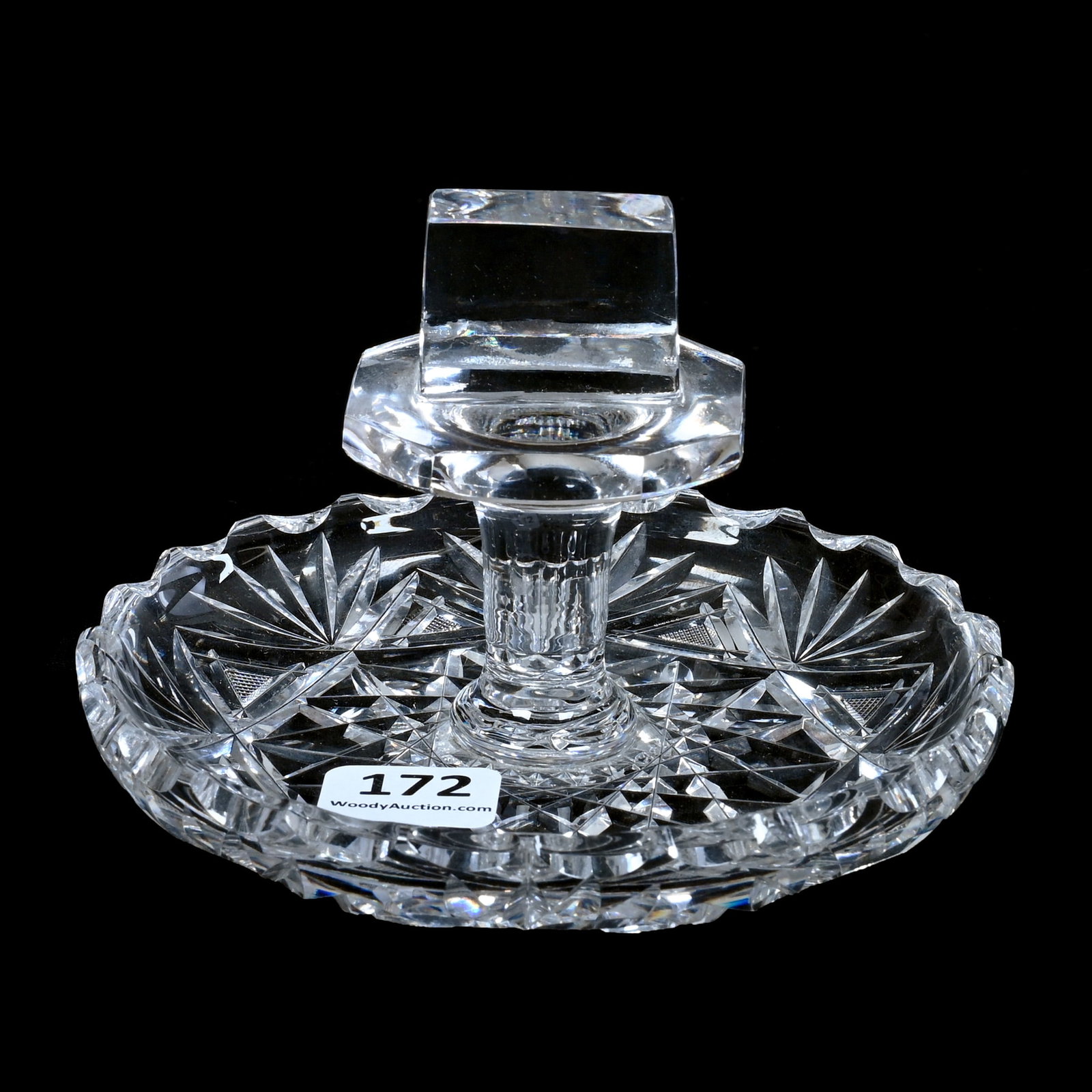 Match Box Holder And Ashtray, American Brilliant Cut Glass: Match Box Holder And Ashtray, American Brilliant Cut Glass, 3.25 x 4.75 x 4.75 Inches, Flashed Hobstar Base, 0.8 Pounds, Grady And Annette Hite Collection, NC, Effective 6/6/26 - All LiveAuctioneers