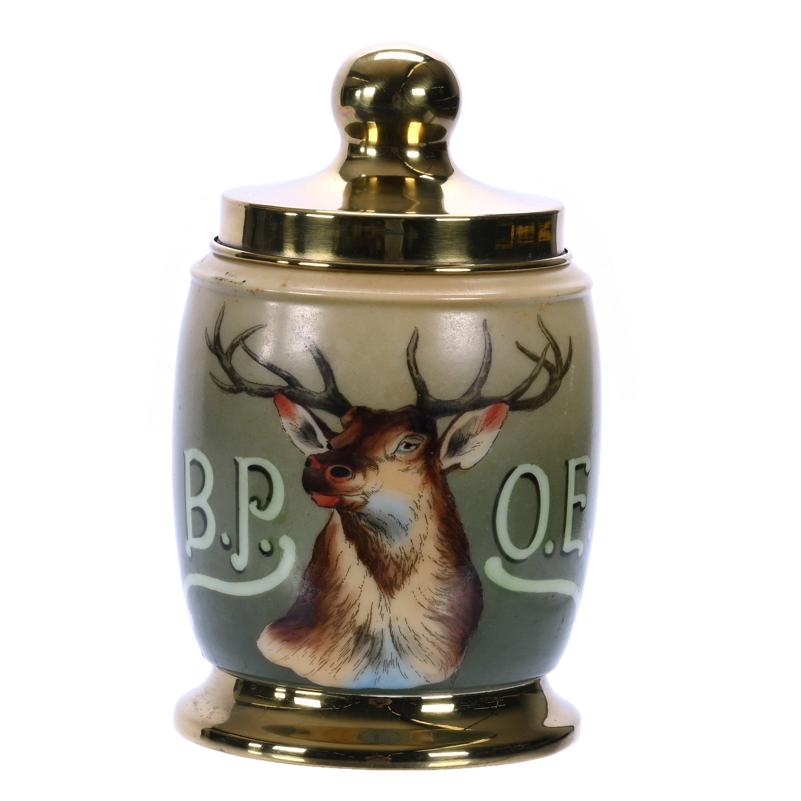 Humidor, Unmarked Nakara: Humidor, Unmarked Nakara, 7 x 4.25 x 4.25 Inches, BPOE (Benevolent And Protective Order Of Elks) Elk Decor, Cream Shading To Green Tones, Gilt Metal Lid And Base, 1.1 Pounds, John And Doris Carty