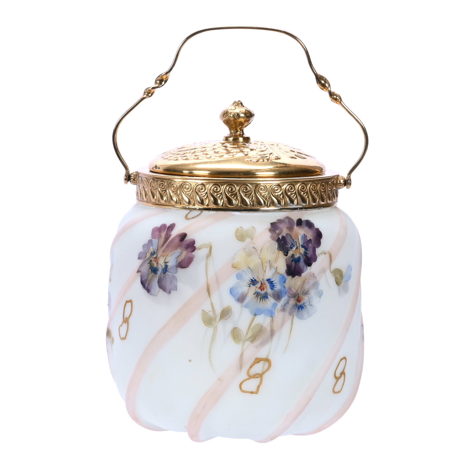 Covered Jar, Unmarked Mt. Washington: Covered Jar, Unmarked Mt. Washington, 5.25 x 4 x 4 Inches, White With Pink Swirled Ribs, Colorful Pansy Decor, Gilt Metal Lid And Bail, 1.1 Pounds, John And Doris Carty Estate Collection, IA,