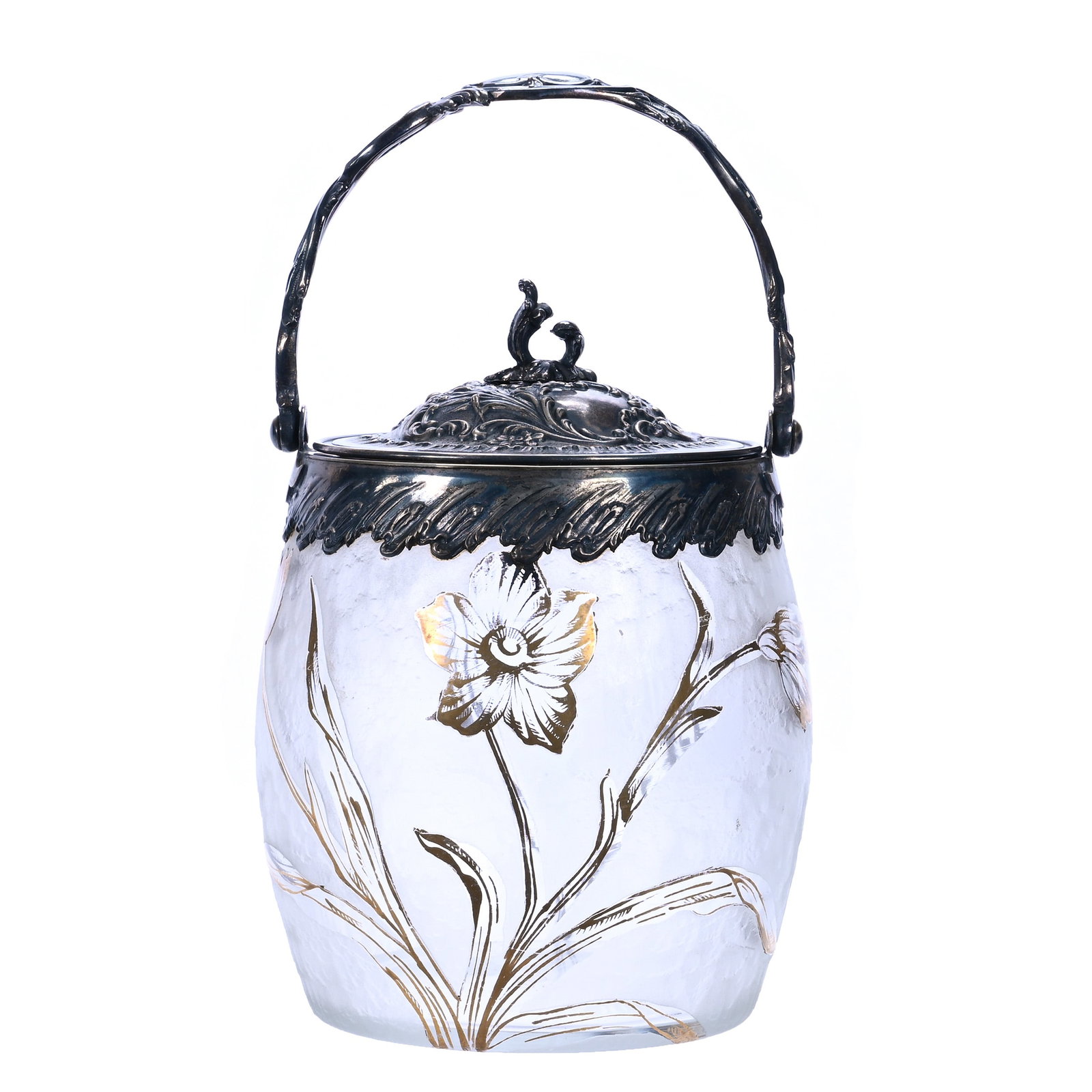 Biscuit Jar, Signed Victor Saglier, French Cameo Art Glass: Biscuit Jar, Signed Victor Saglier, French Cameo Art Glass, 7 x 5 x 5 Inches, Frosted Acid Cut Ground With Clear Floral Decor And Gold Stencil Highlights, Elaborate Silverplate Lid And Bail, 2.2