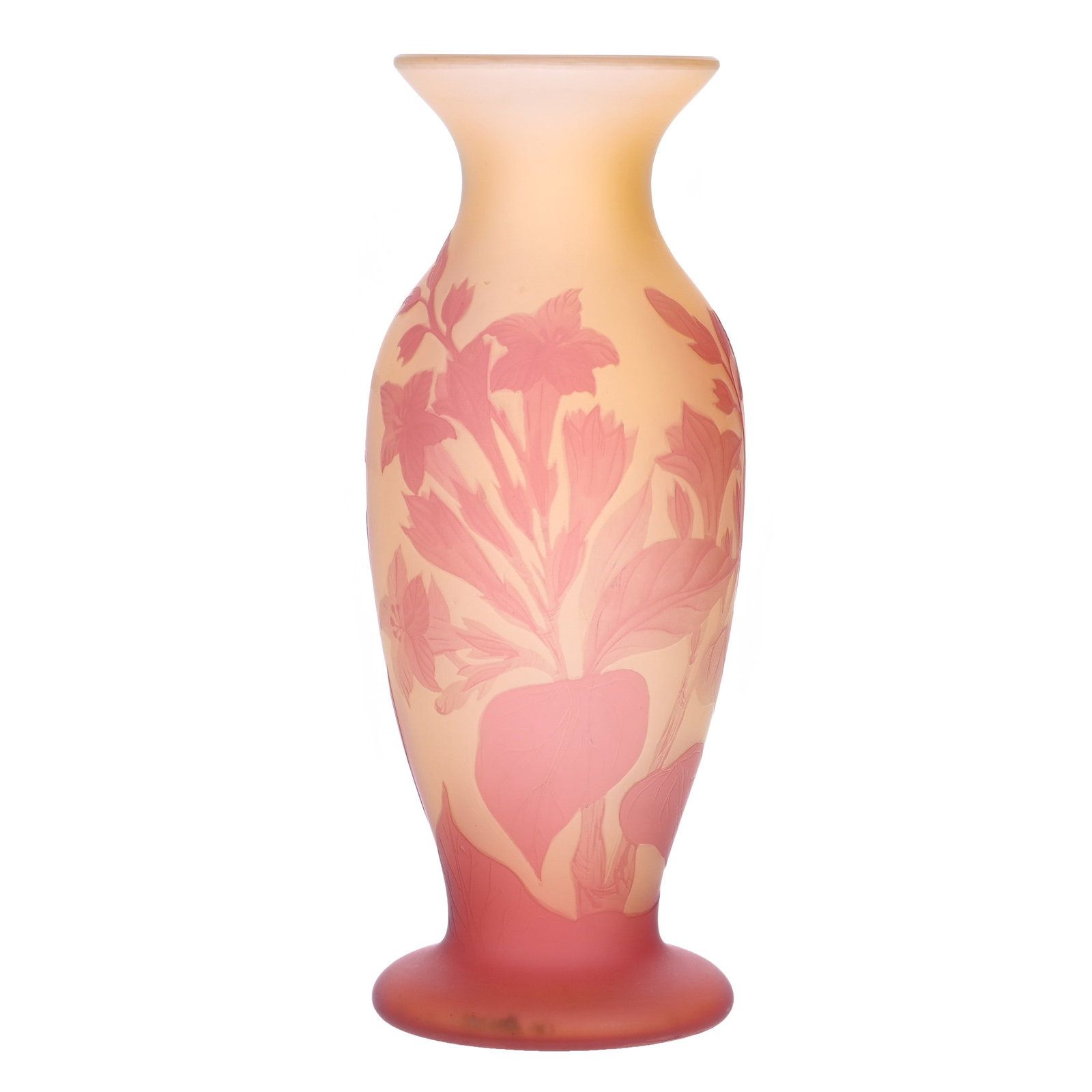 Vase, Signed Galle French Cameo Art Glass: Vase, Signed Galle French Cameo Art Glass, 11 x 4.25 x 4.25 Inches, Frosted Yellow Ground With Pink Cutback Butterfly And Floral Overlay, 2.2 Pounds, Aubrey and Jean Silver Collection, CA, Effective 6