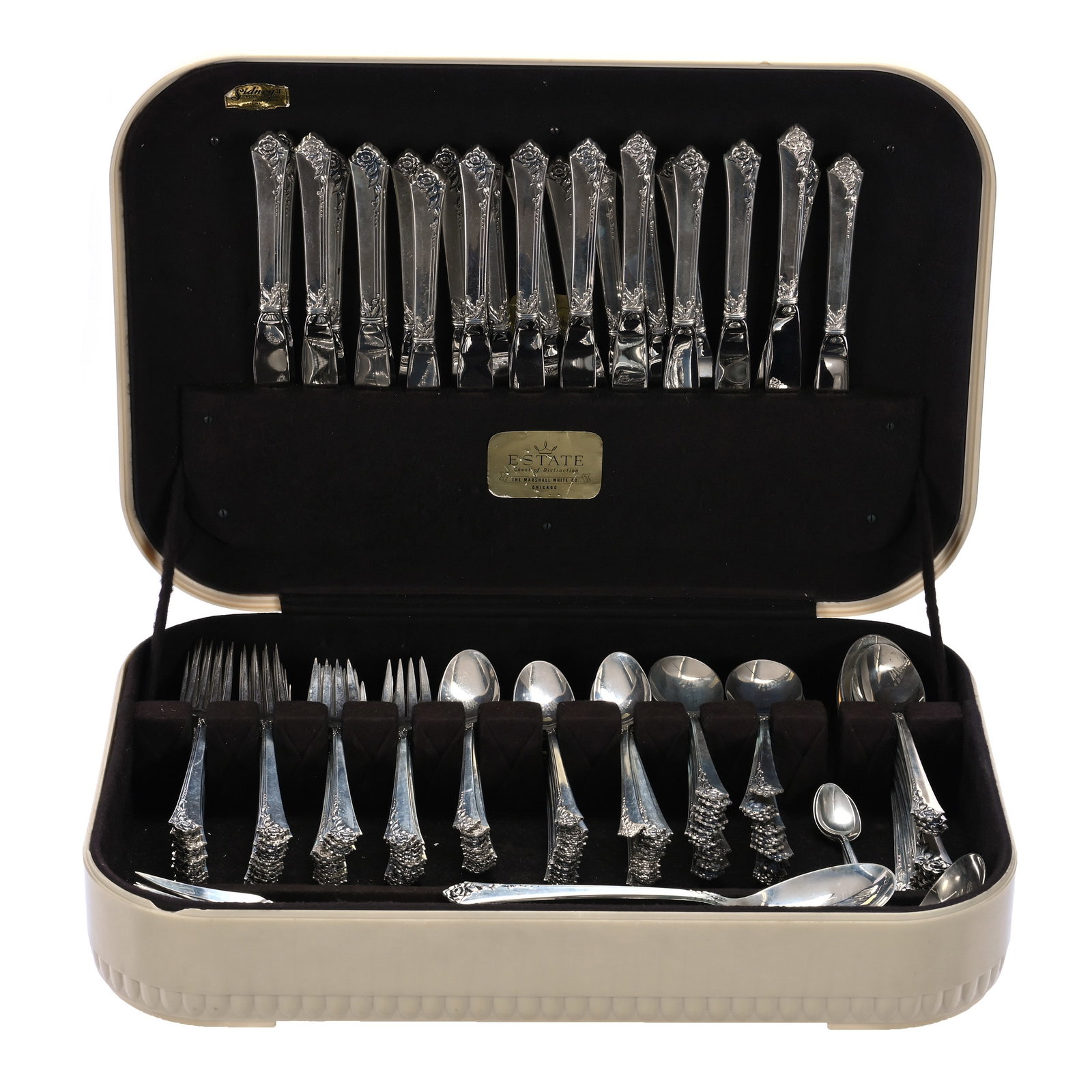 (167) Piece Sterling Silver Flatware Set, Damask Rose Pattern By Heirloom Sterling: (167) Piece Sterling Silver Flatware Set, Damask Rose Pattern By Heirloom Sterling, 17.5 x 12 x 3.75 Inches, Set Includes (24) 8.75" Table Knives With Stainless Blades, (22) 7.25" Table Forks, (22)