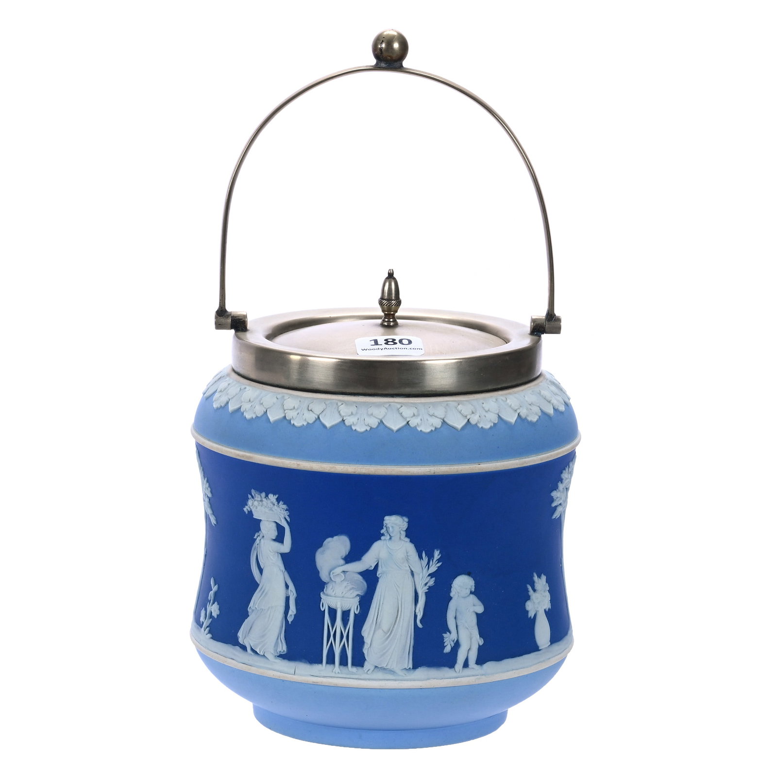 Biscuit Jar, Marked Wedgwood Jasperware: Biscuit Jar, Marked Wedgwood Jasperware, 6 x 4.75 x 4.75 Inches, Tri-Color, Classic Scenic Relief, Silverplate Lid And Bail, 1.9 Pounds, John And Doris Carty Estate Collection, IA, Effective 6/6/26 -